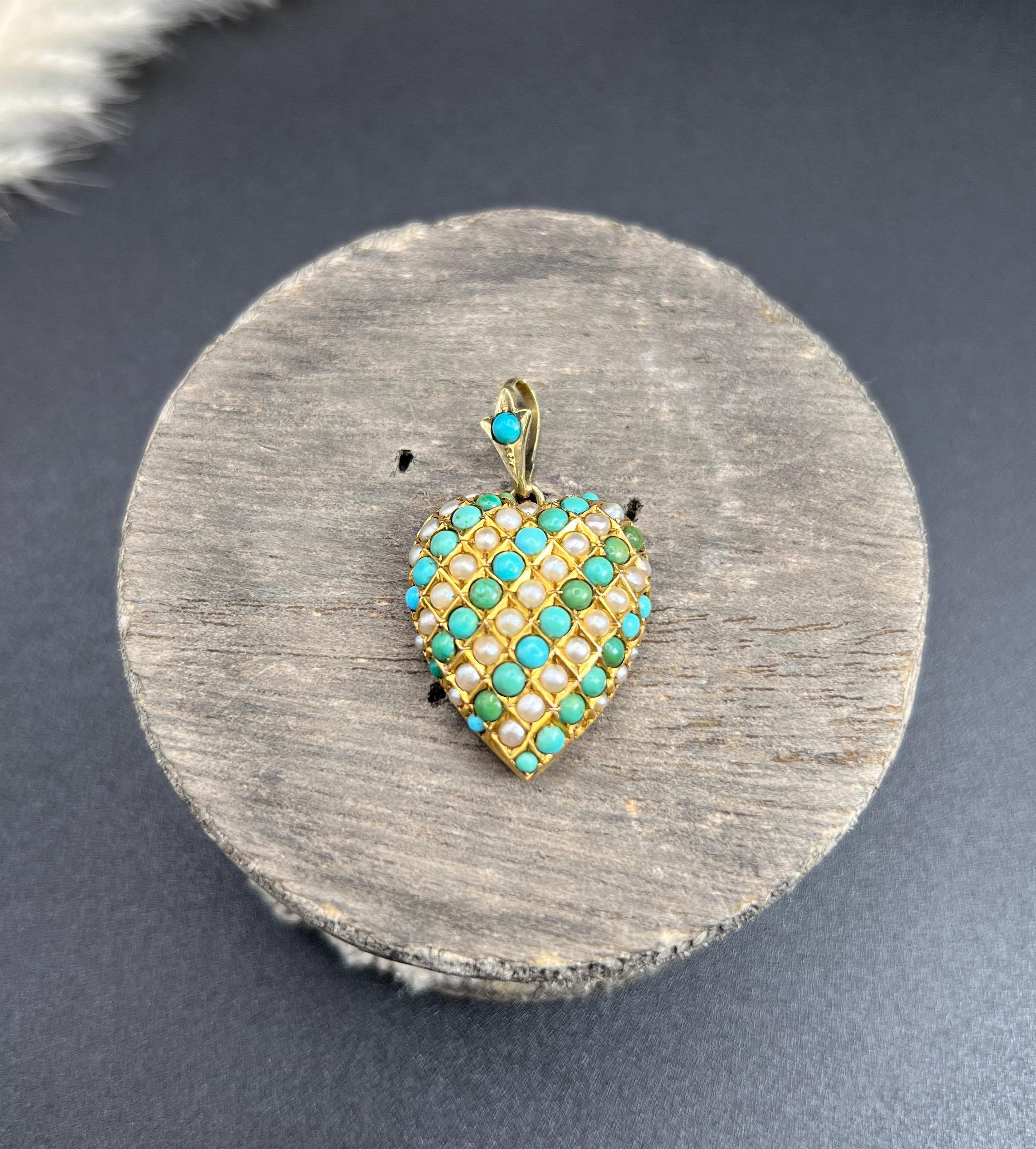 Antique 9ct Yellow Gold, Edwardian Turquoise & Seed Pearl Heart Locket Pendant 3