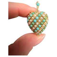 Antique 9ct Yellow Gold, Edwardian Turquoise & Seed Pearl Heart Locket Pendant