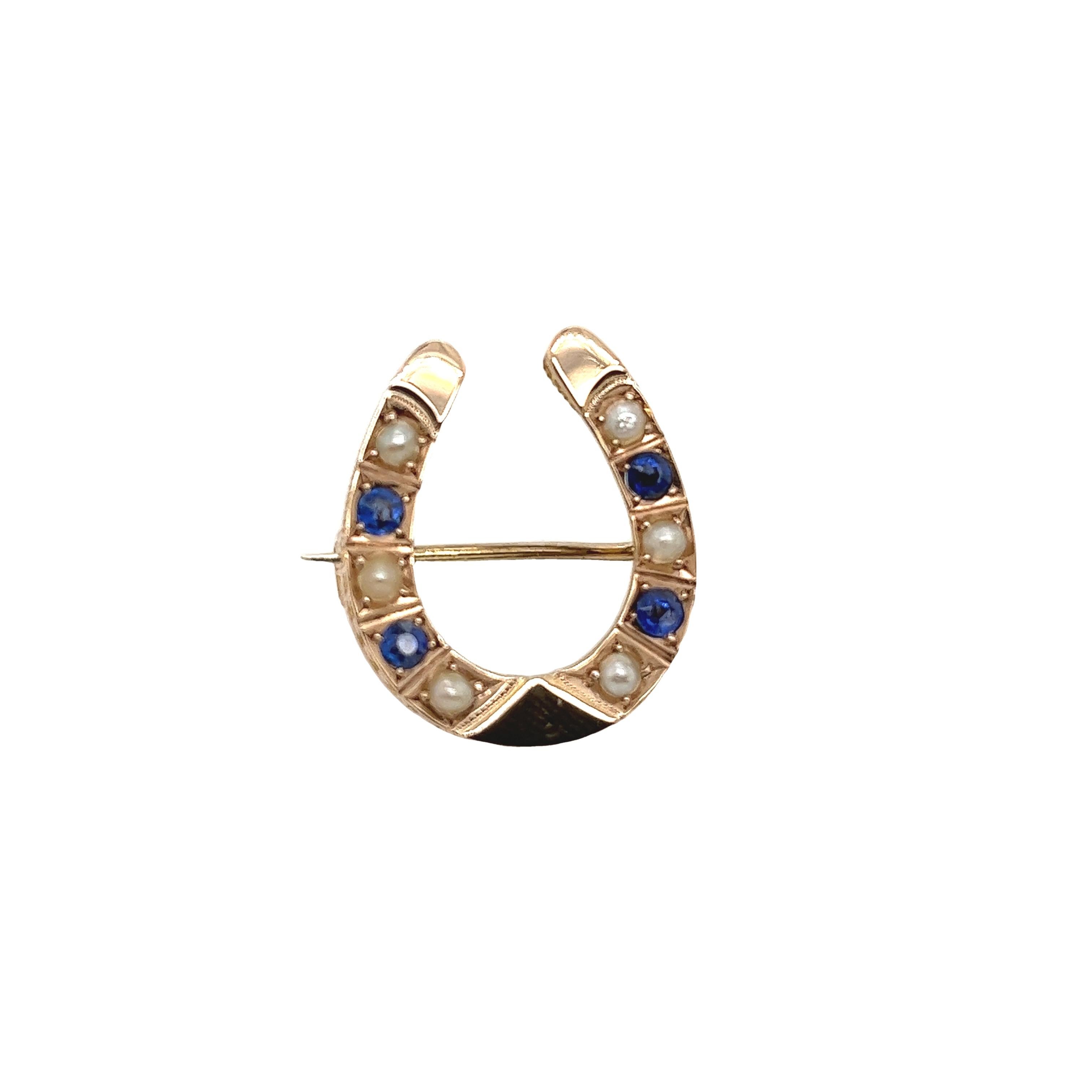 Round Cut Antique 9ct Yellow Gold Sapphire & Seed Pearl Horseshoe Brooch