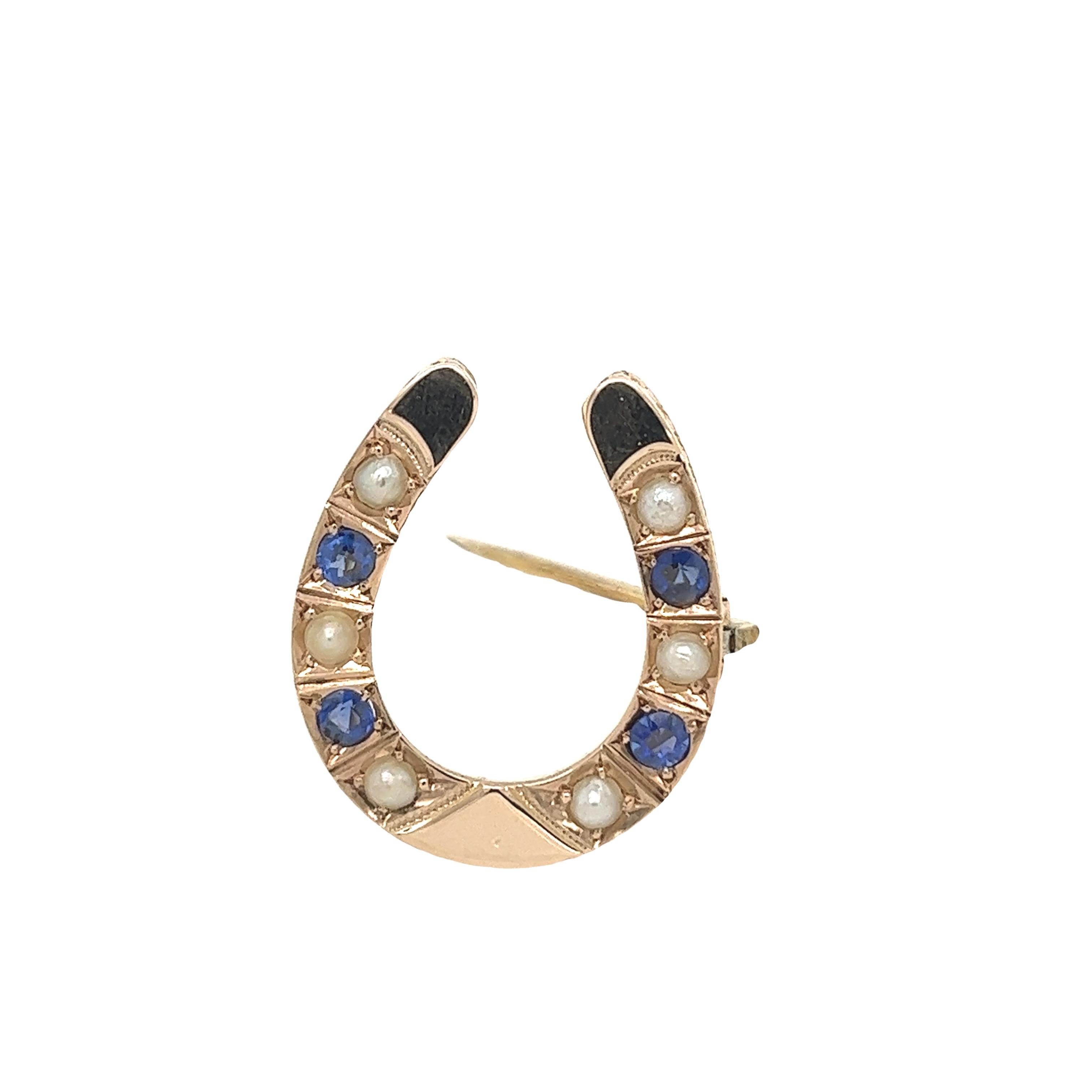 Antique 9ct Yellow Gold Sapphire & Seed Pearl Horseshoe Brooch In Excellent Condition In London, GB