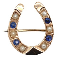 Antique 9ct Yellow Gold Sapphire & Seed Pearl Horseshoe Brooch