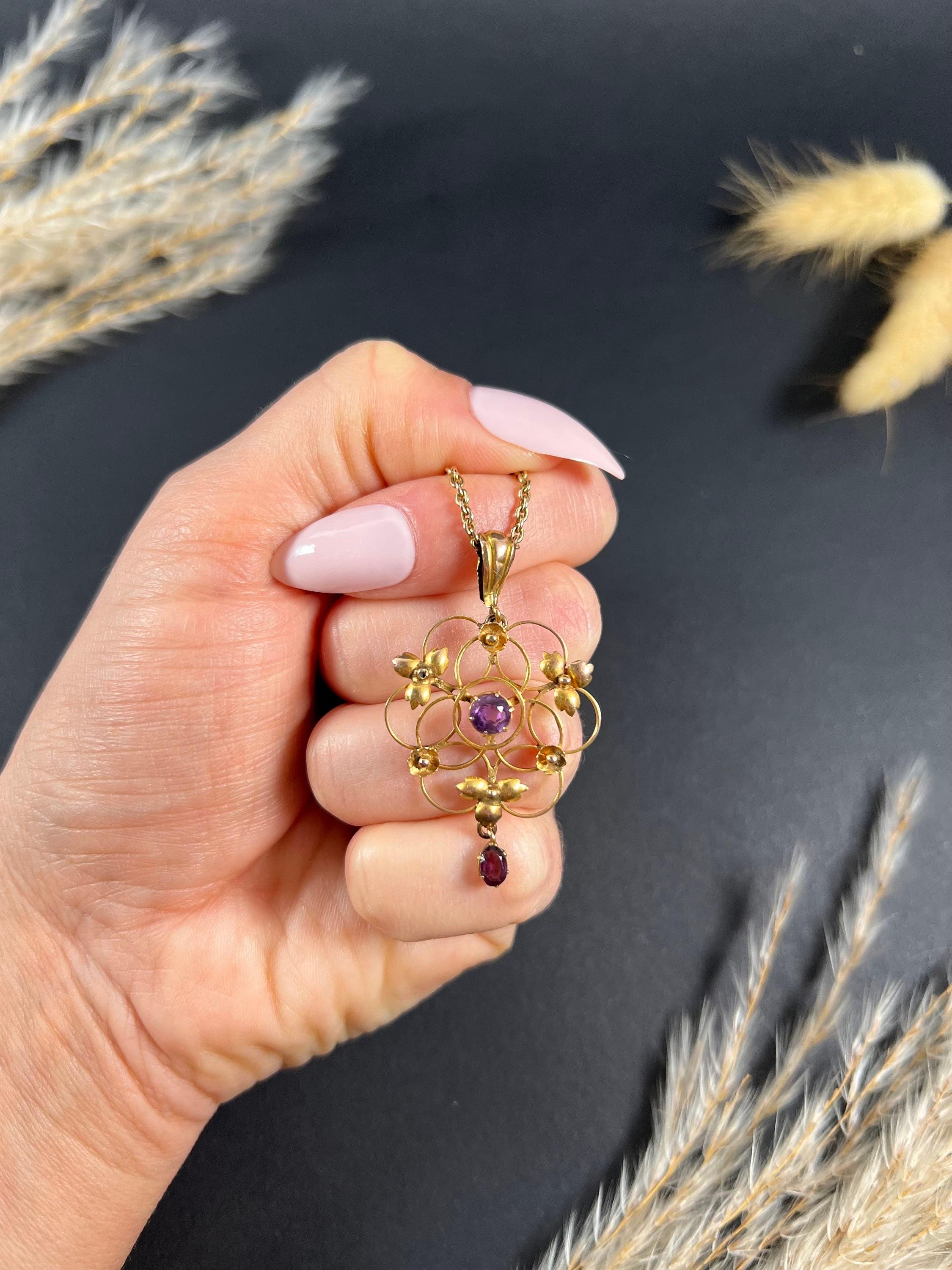 Antiker Anhänger aus 9 Karat Gelbgold, gestempelt, edwardianischer Amethyst und Almandine-Granat für Damen oder Herren