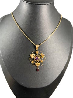 Antiker Anhänger aus 9 Karat Gelbgold, gestempelt, edwardianischer Amethyst und Almandine-Granat