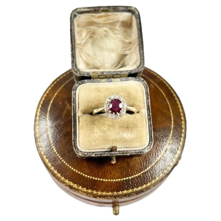 Antique 9ct Yellow Gold Stamped, Victorian Oval Ruby 
Diamond Cluster Ring
