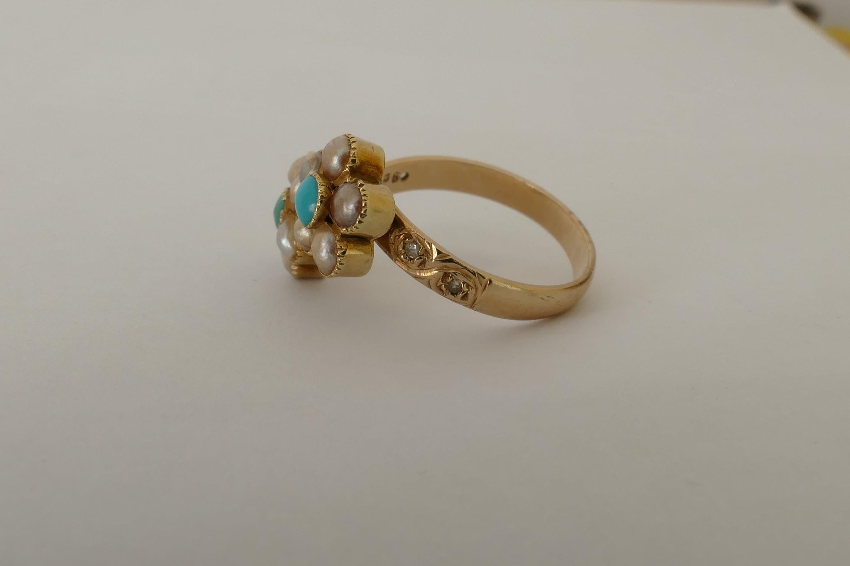 Victorian Antique 9 Carat Yellow Gold Turquoise, Diamond and Pearl Flower Ring