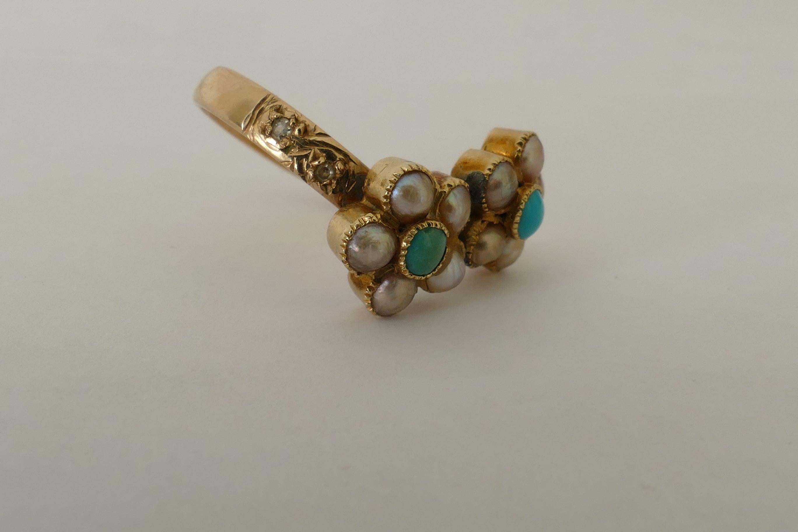 Antique 9 Carat Yellow Gold Turquoise, Diamond and Pearl Flower Ring In Excellent Condition In Splitter's Creek, NSW