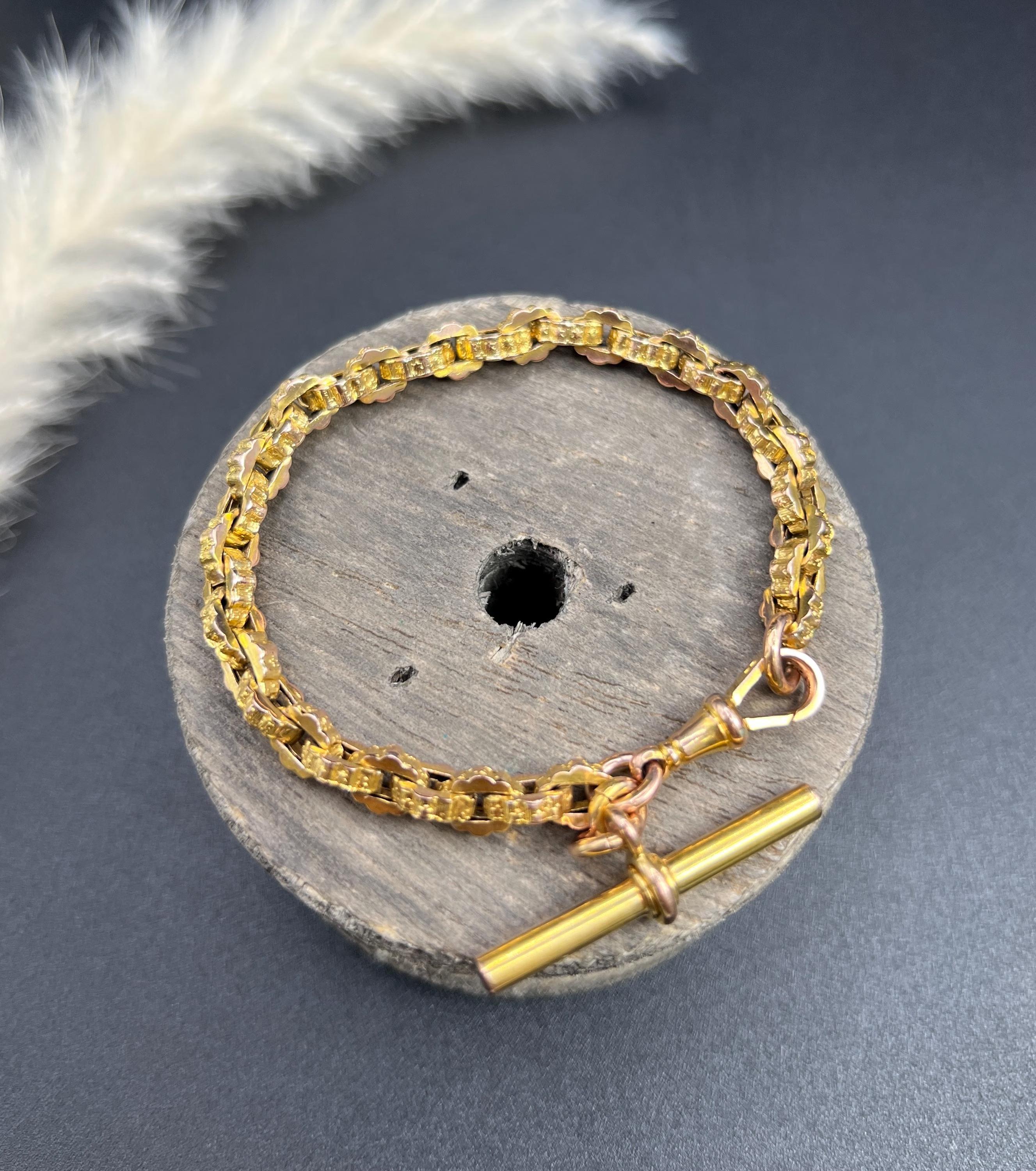 da uomo o donna Antique 9ct Yellow Gold Victorian Fancy Link Albert Bracelet with Swivel & T Bar in vendita