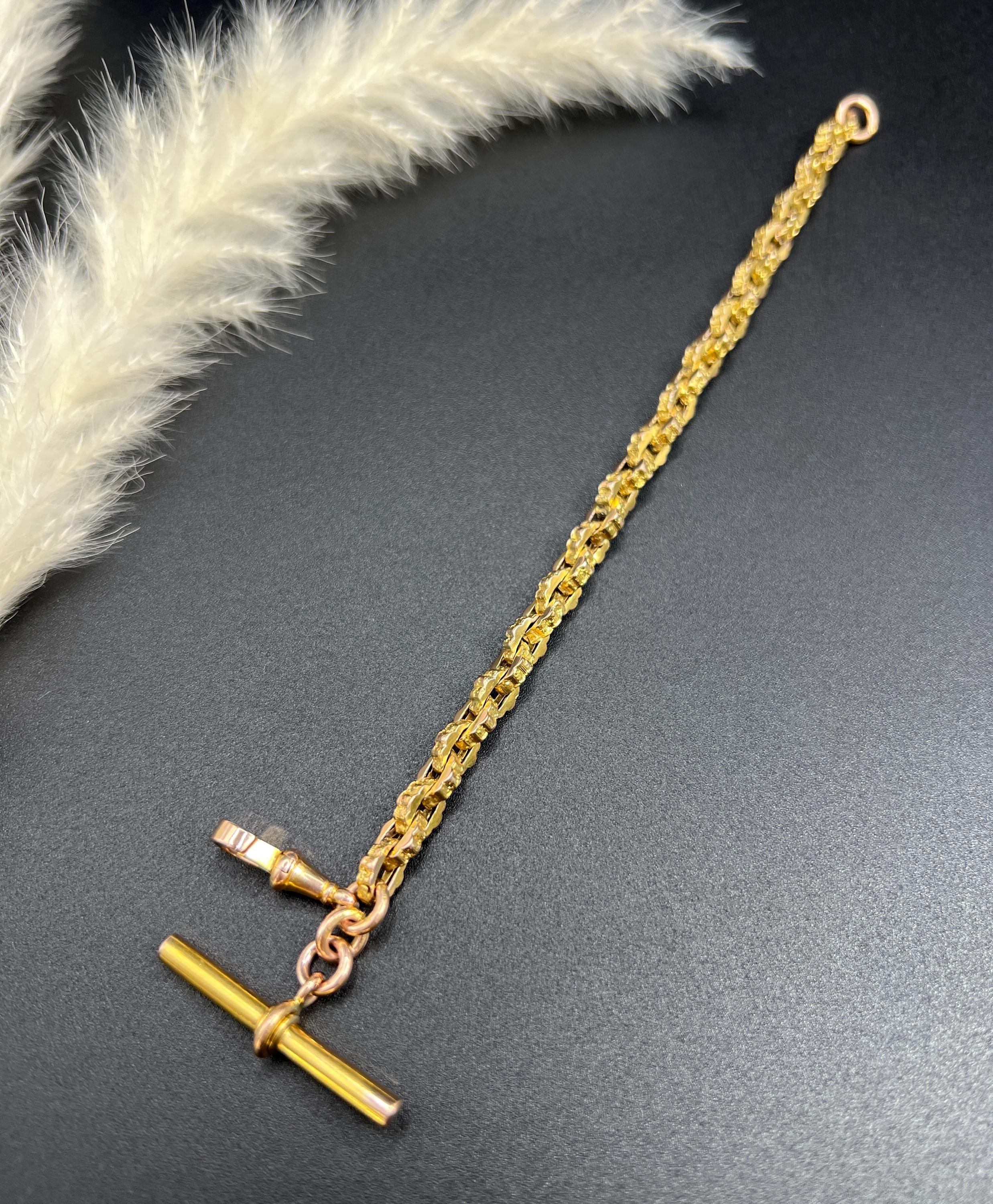 Antique 9ct Yellow Gold Victorian Fancy Link Albert Bracelet with Swivel & T Bar in vendita 2
