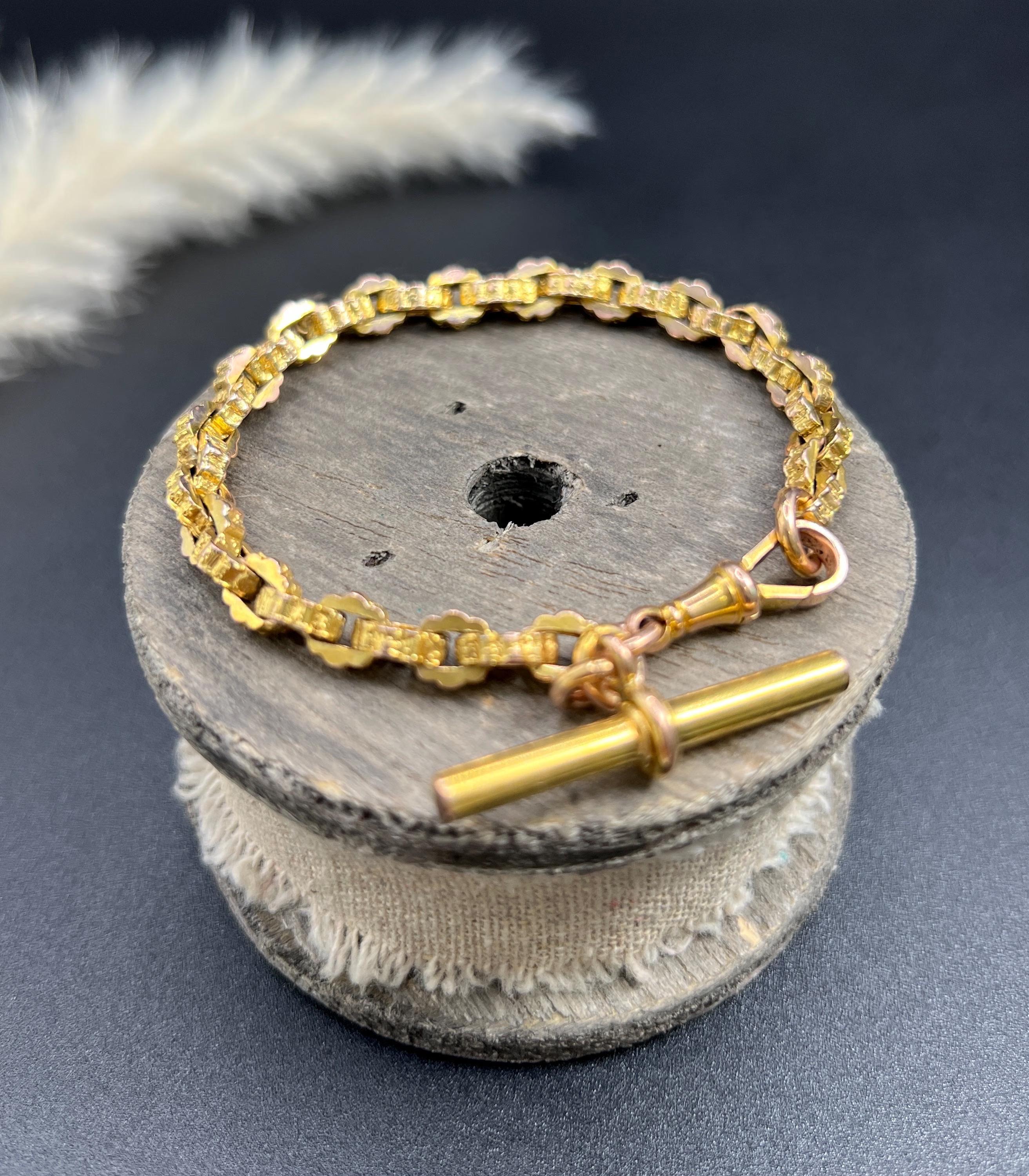 Antique 9ct Yellow Gold Victorian Fancy Link Albert Bracelet with Swivel & T Bar in vendita 4