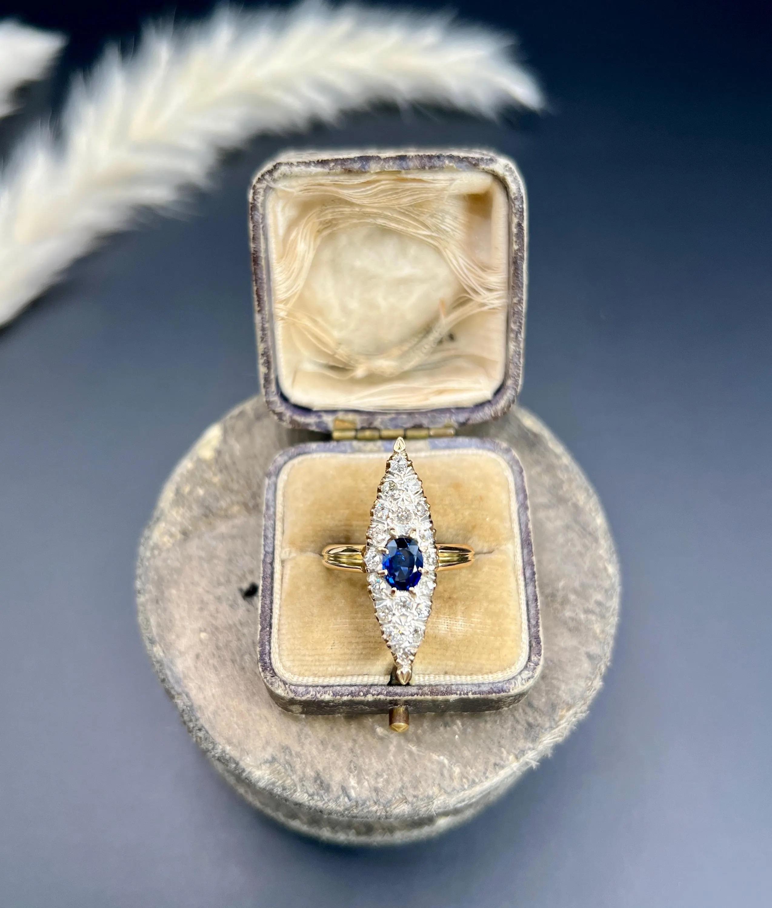 Antique 9ct Yellow Gold, Victorian Natural Sapphire & Diamond Marquise Ring For Sale 5