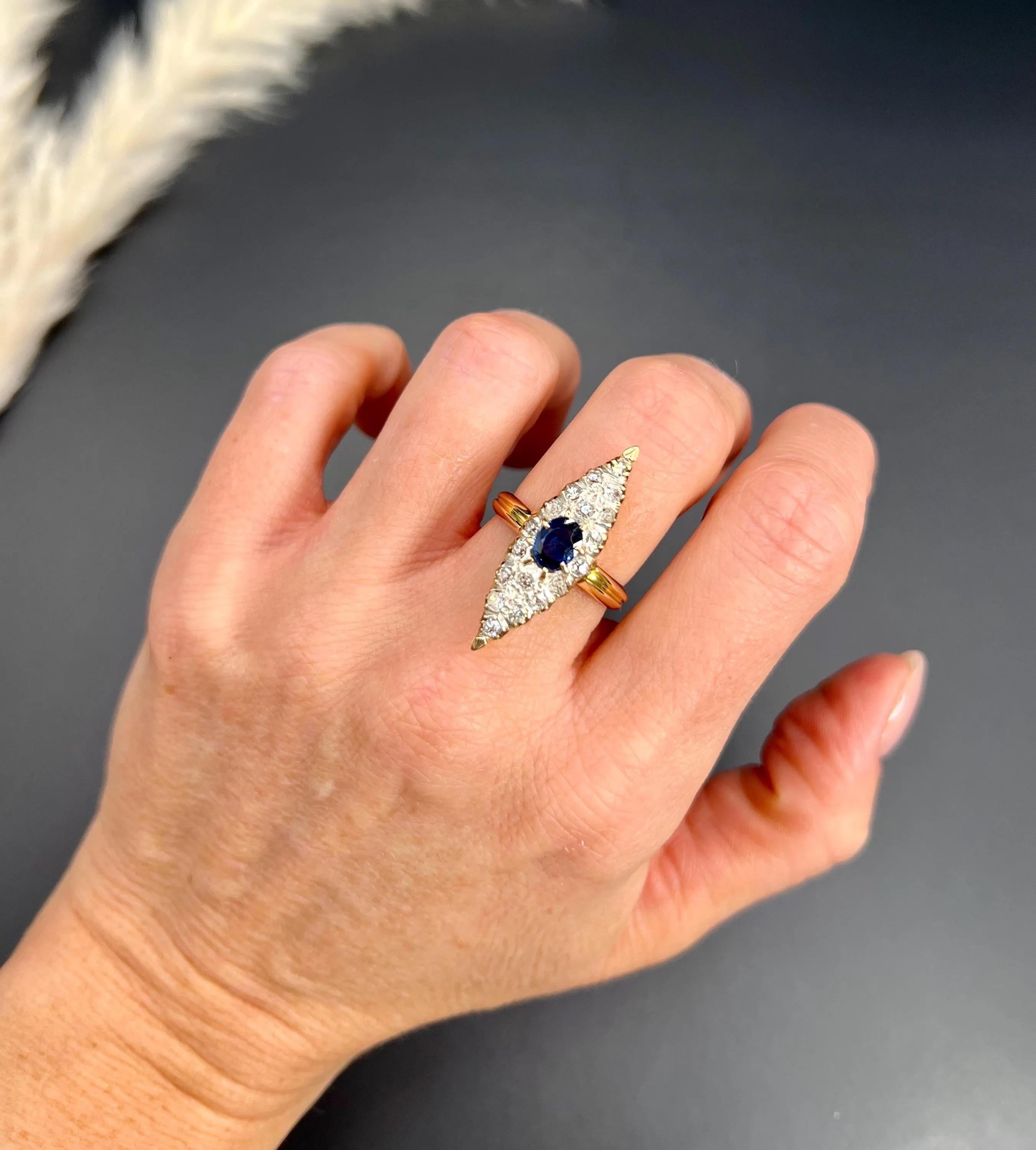 Oval Cut Antique 9ct Yellow Gold, Victorian Natural Sapphire & Diamond Marquise Ring For Sale