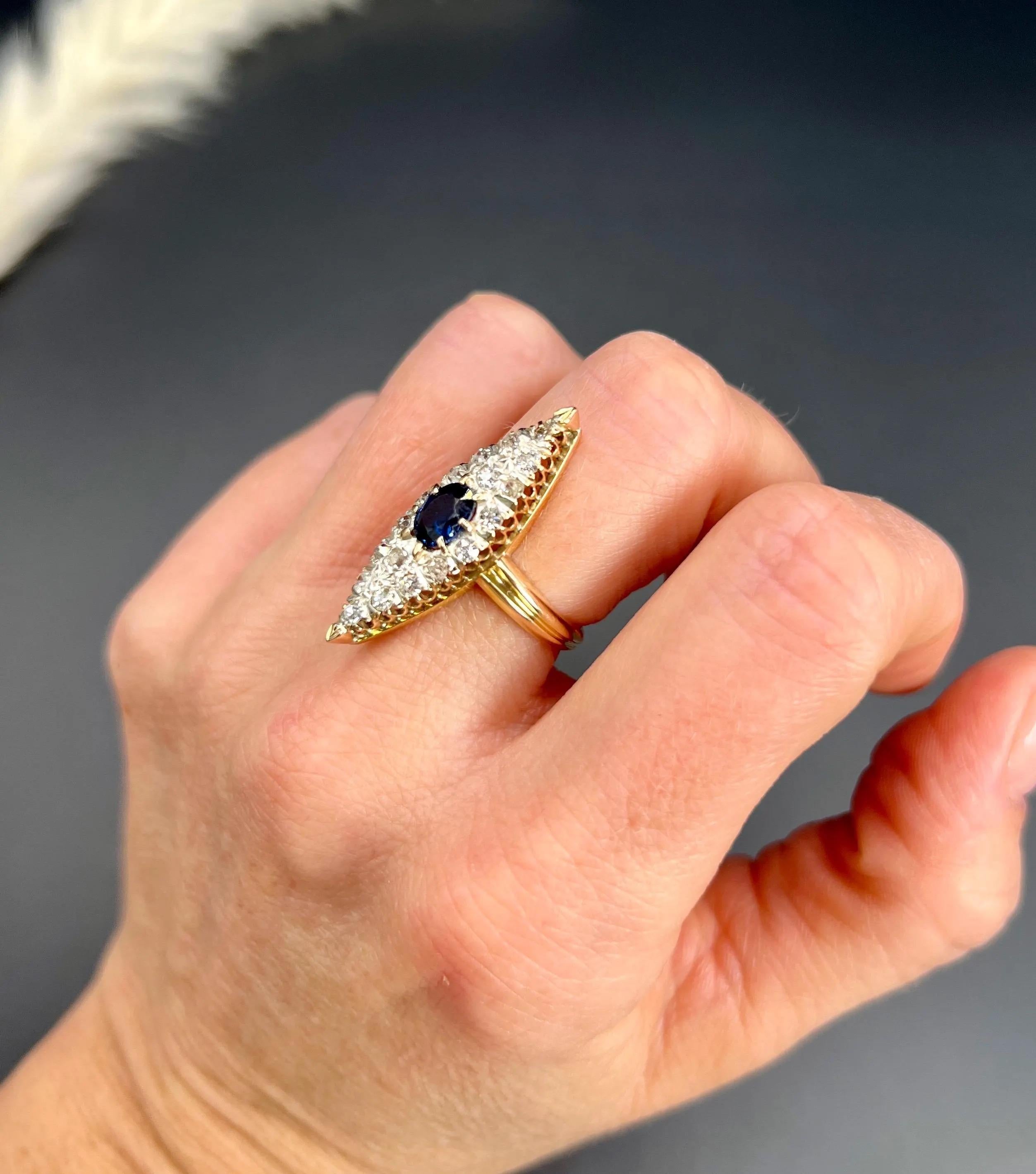 Antique 9ct Yellow Gold, Victorian Natural Sapphire & Diamond Marquise Ring For Sale 1