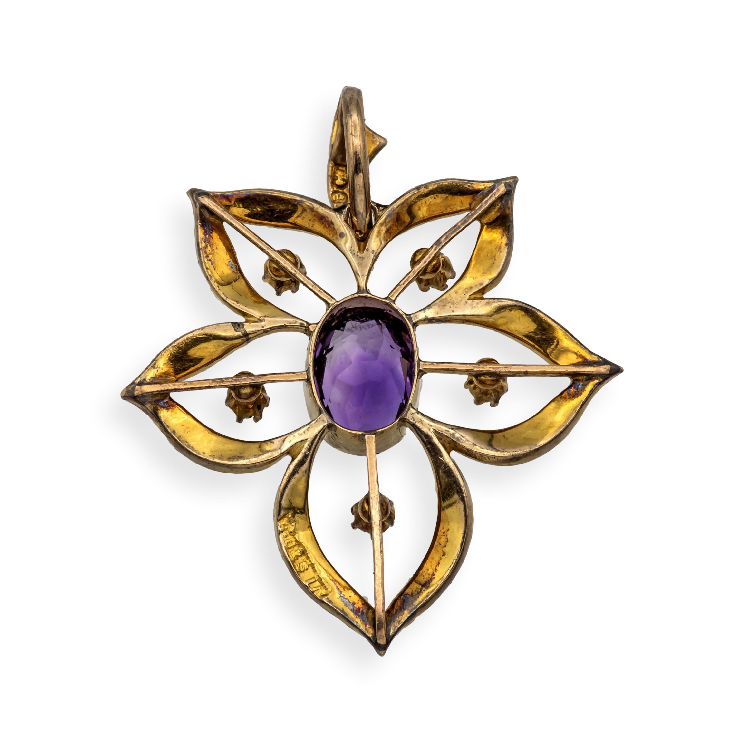 Art nouveau Antique 9K Art Nouveau Demantoid Garnet Amethyst Seed Pearl Pendant Ca. 1905 en vente