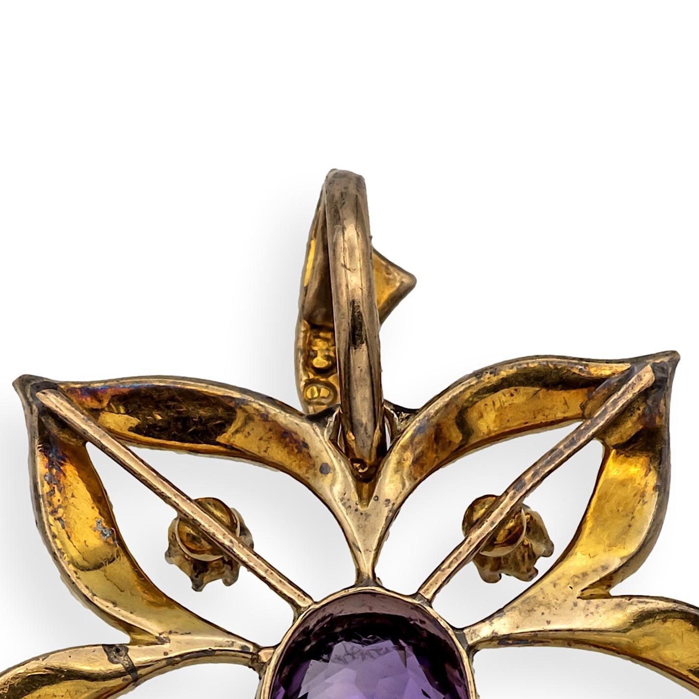 Antique 9K Art Nouveau Demantoid Garnet Amethyst Seed Pearl Pendant Ca. 1905 Pour femmes en vente