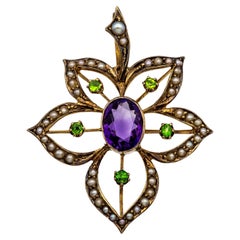 Antique 9K Art Nouveau Demantoid Garnet Amethyst Seed Pearl Pendant Ca. 1905