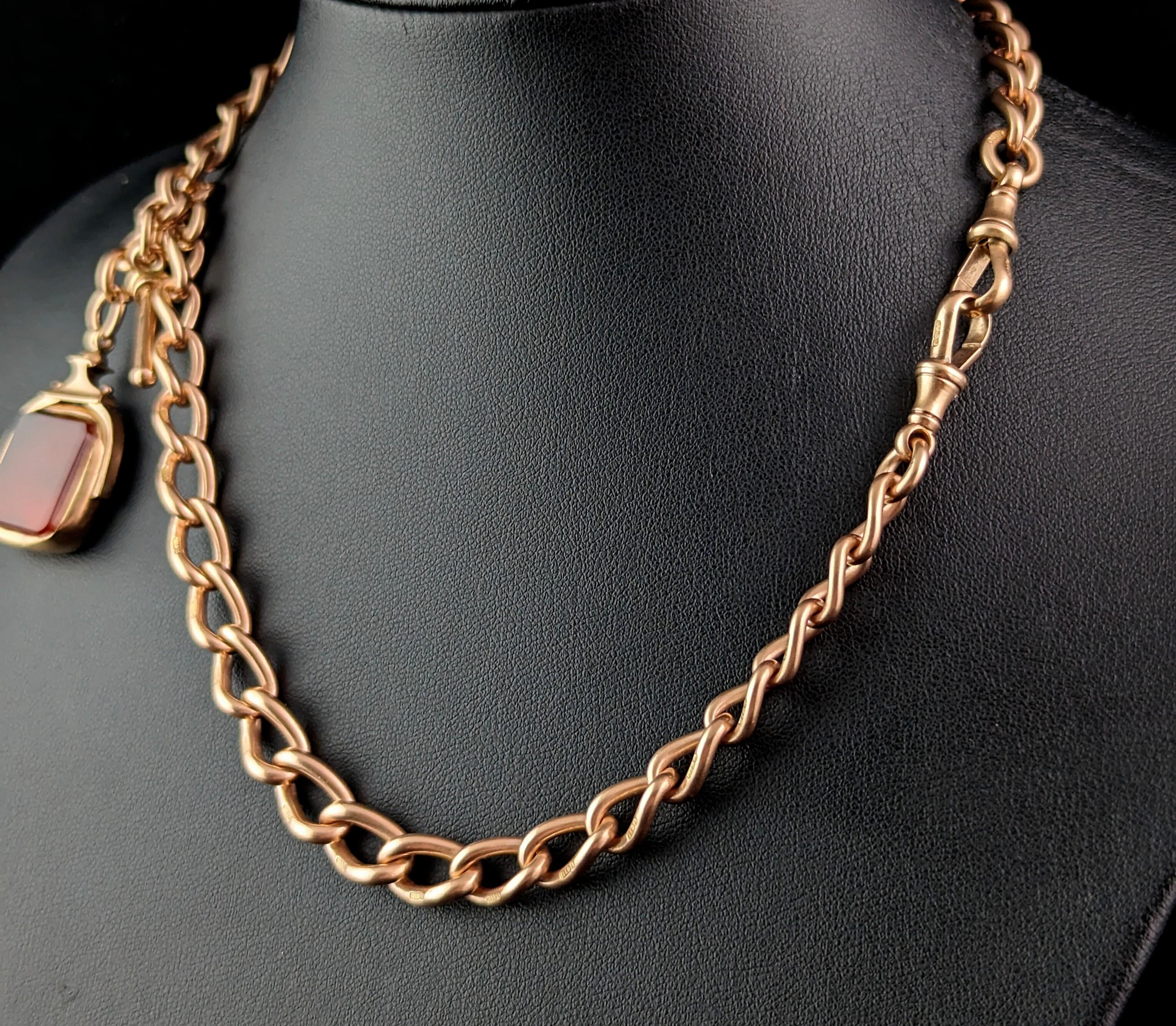 Antique 9k gold Albert chain, heavy, Carnelian swivel fob  11