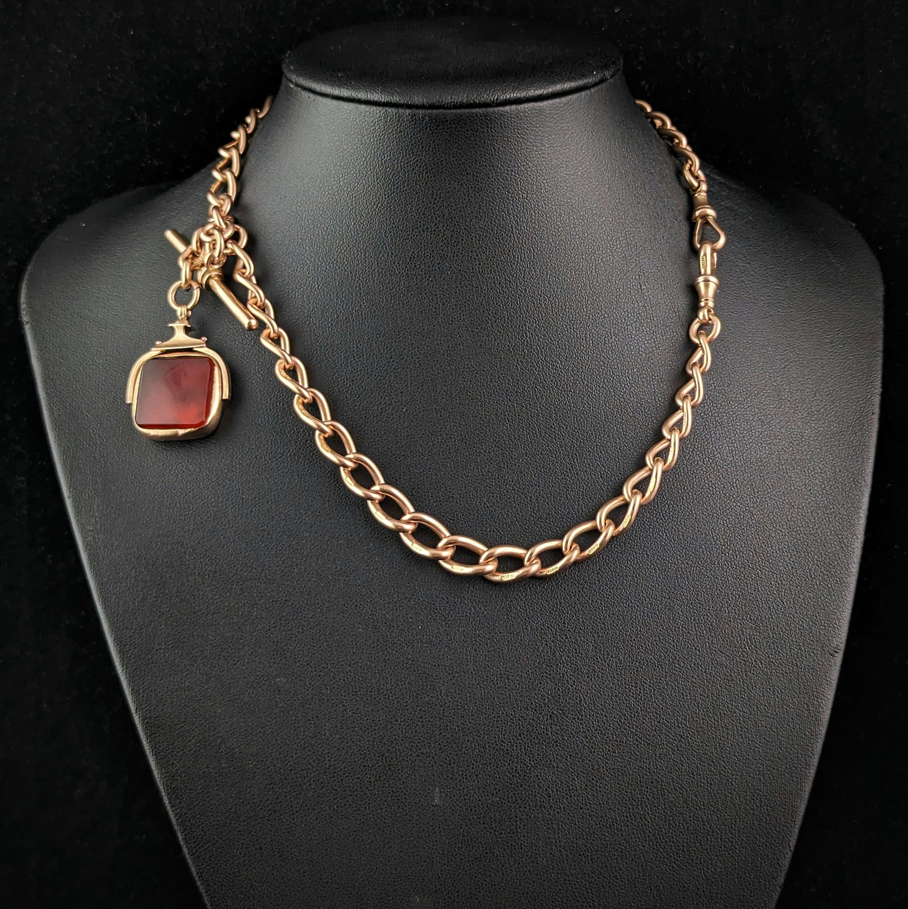 Women's or Men's Antique 9k gold Albert chain, heavy, Carnelian swivel fob 