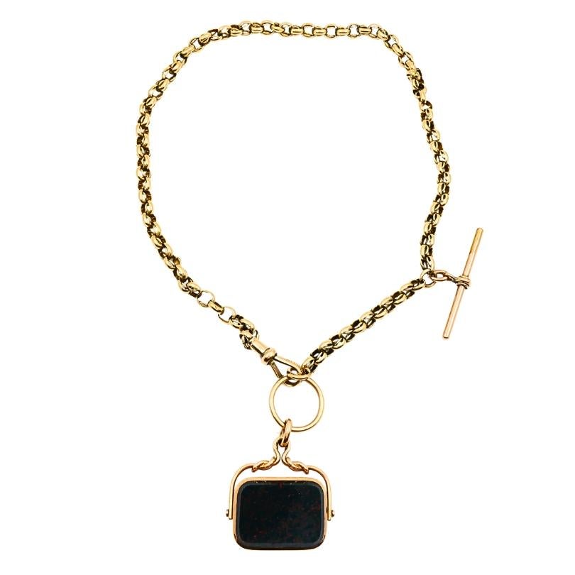 da uomo o donna Antica collana a catena Albert Gold 9k con ciondolo di agata e pietra sanguigna in vendita
