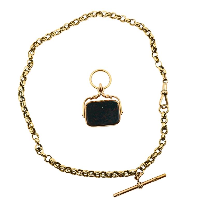 Antica collana a catena Albert Gold 9k con ciondolo di agata e pietra sanguigna in vendita 4