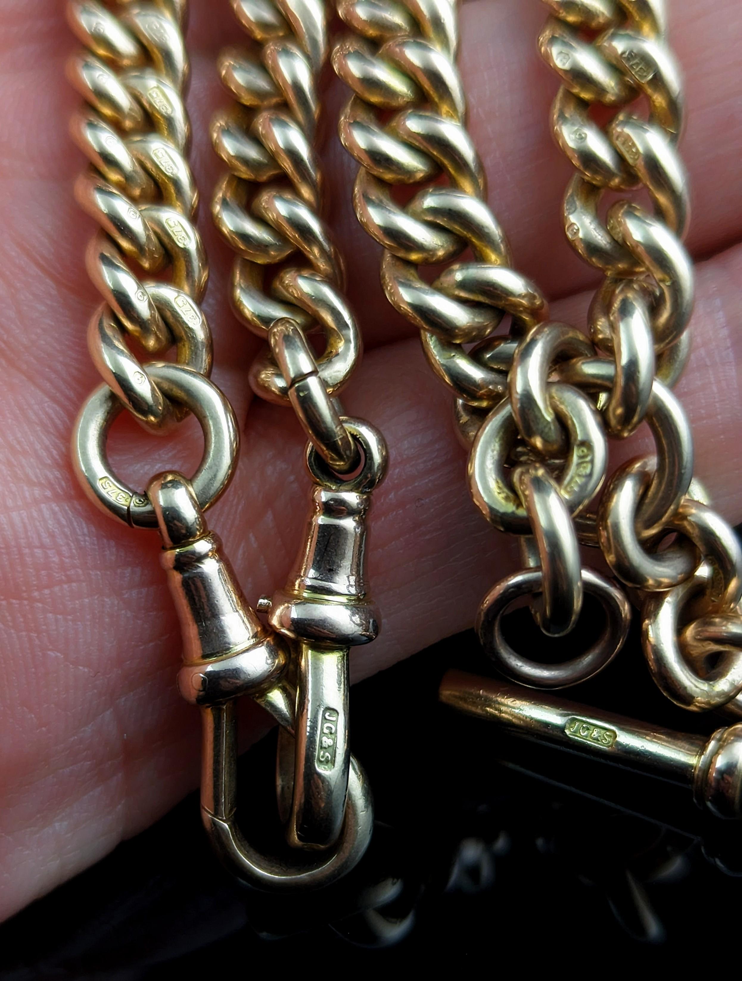 Antique 9k gold Albert chain necklace, watch chain, Heavy  5