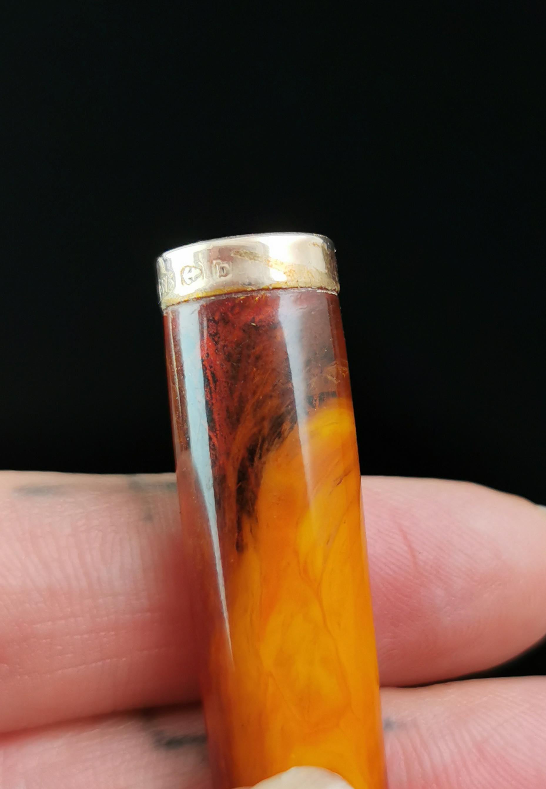 Antique 9k gold and Amber cheroot holder with sterling silver case  For Sale 2