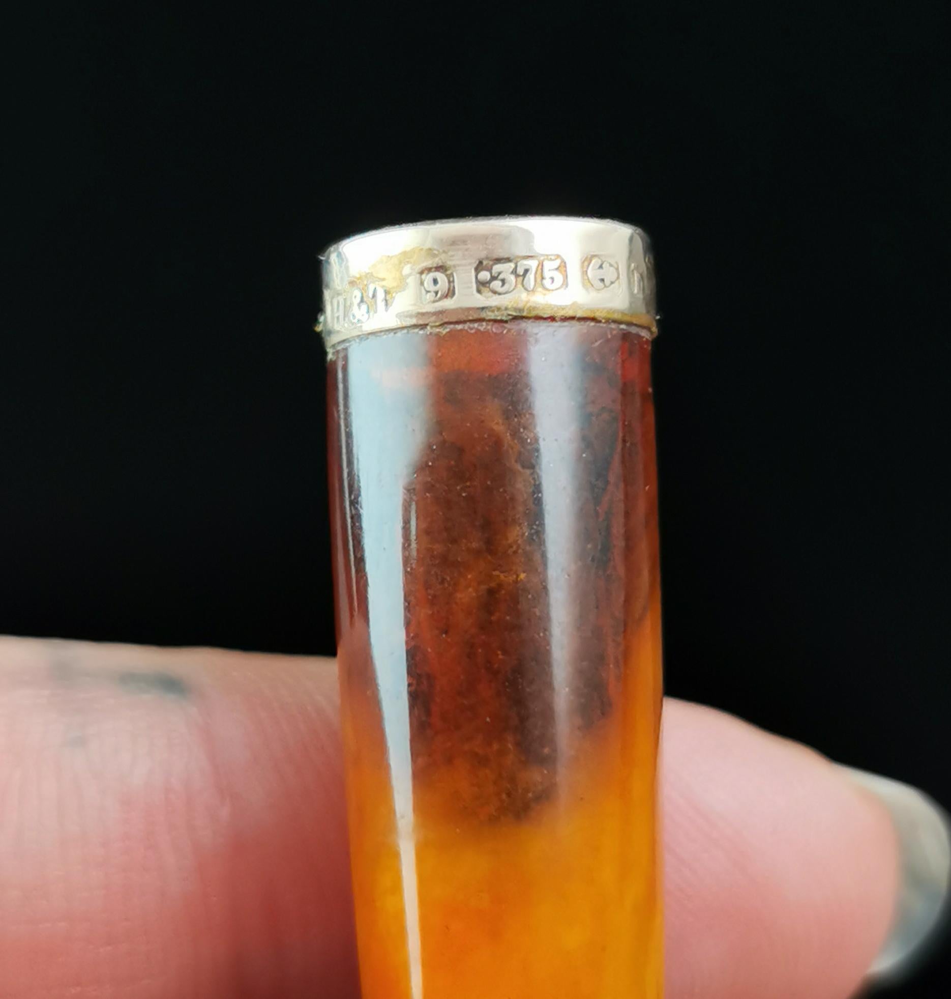 Gold Antique 9k gold and Amber cheroot holder with sterling silver case  For Sale
