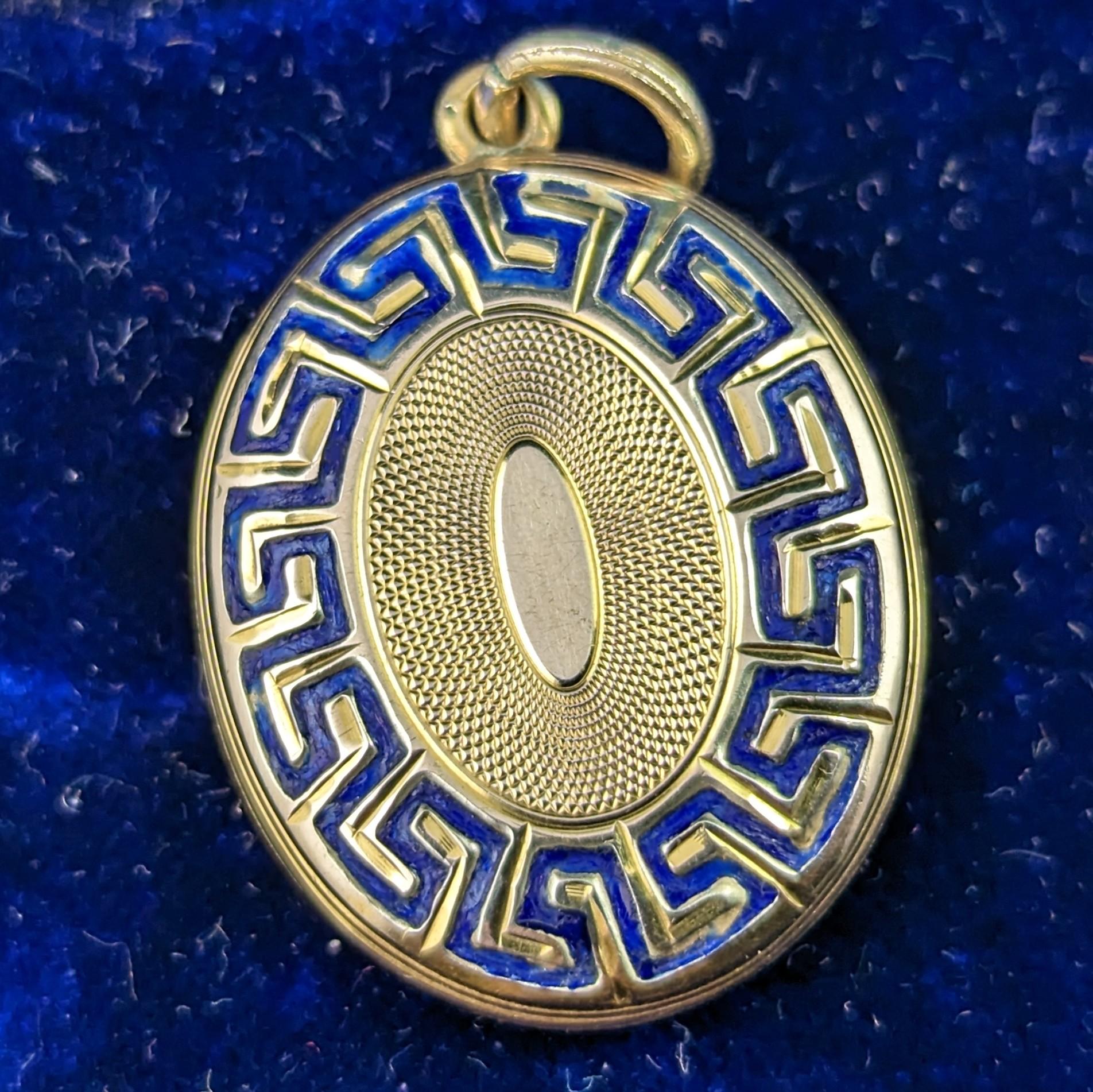 Antique 9k gold and blue enamel mourning locket, Greek key design  5