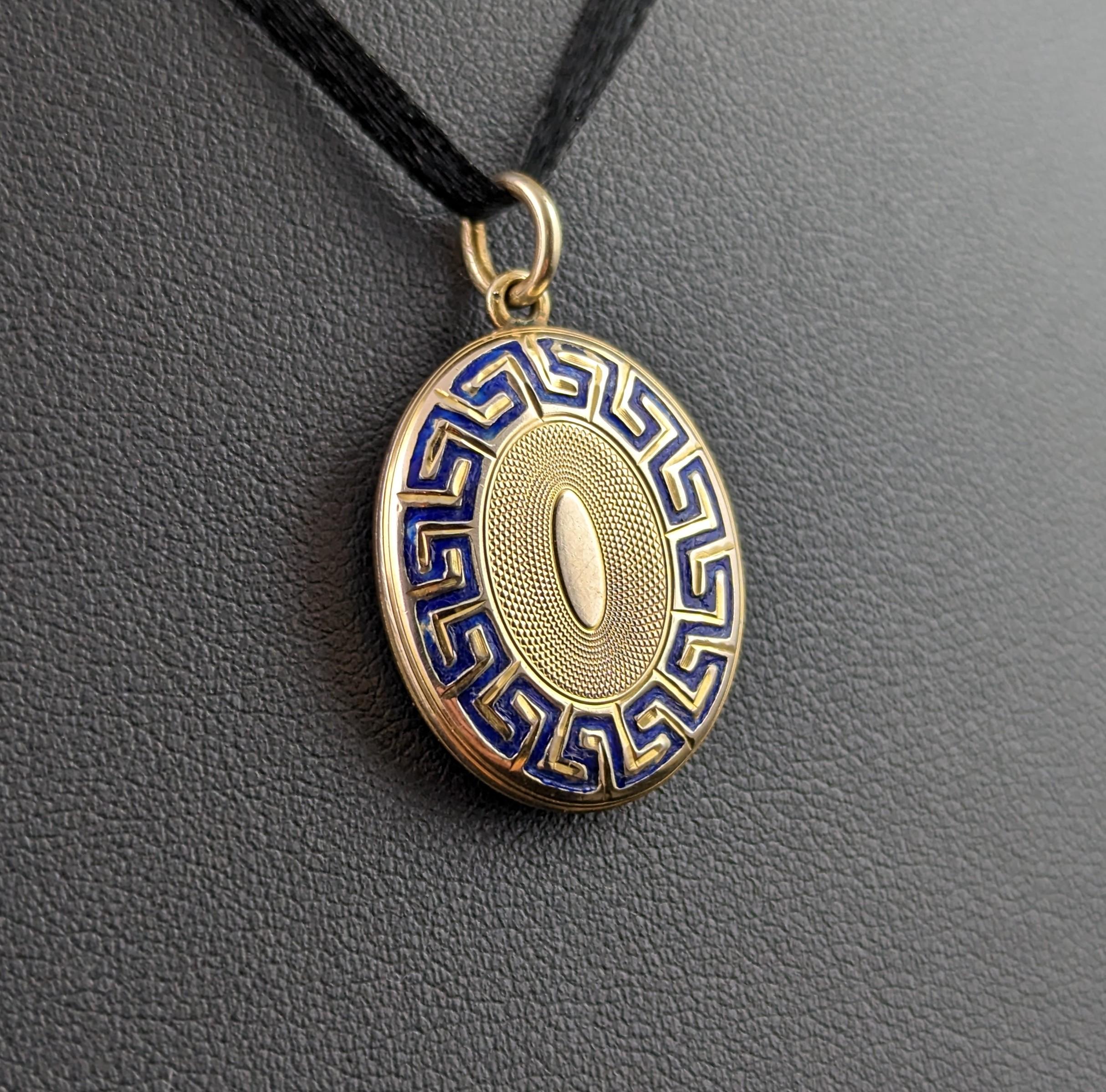 This antique gold and blue enamel mourning locket is both attractive and unusual in its design, at first glance it doesn't present as a mourning piece at all and is subtle until reversed.

It is a 9kt gold fronted locket with a fully glazed reverse,