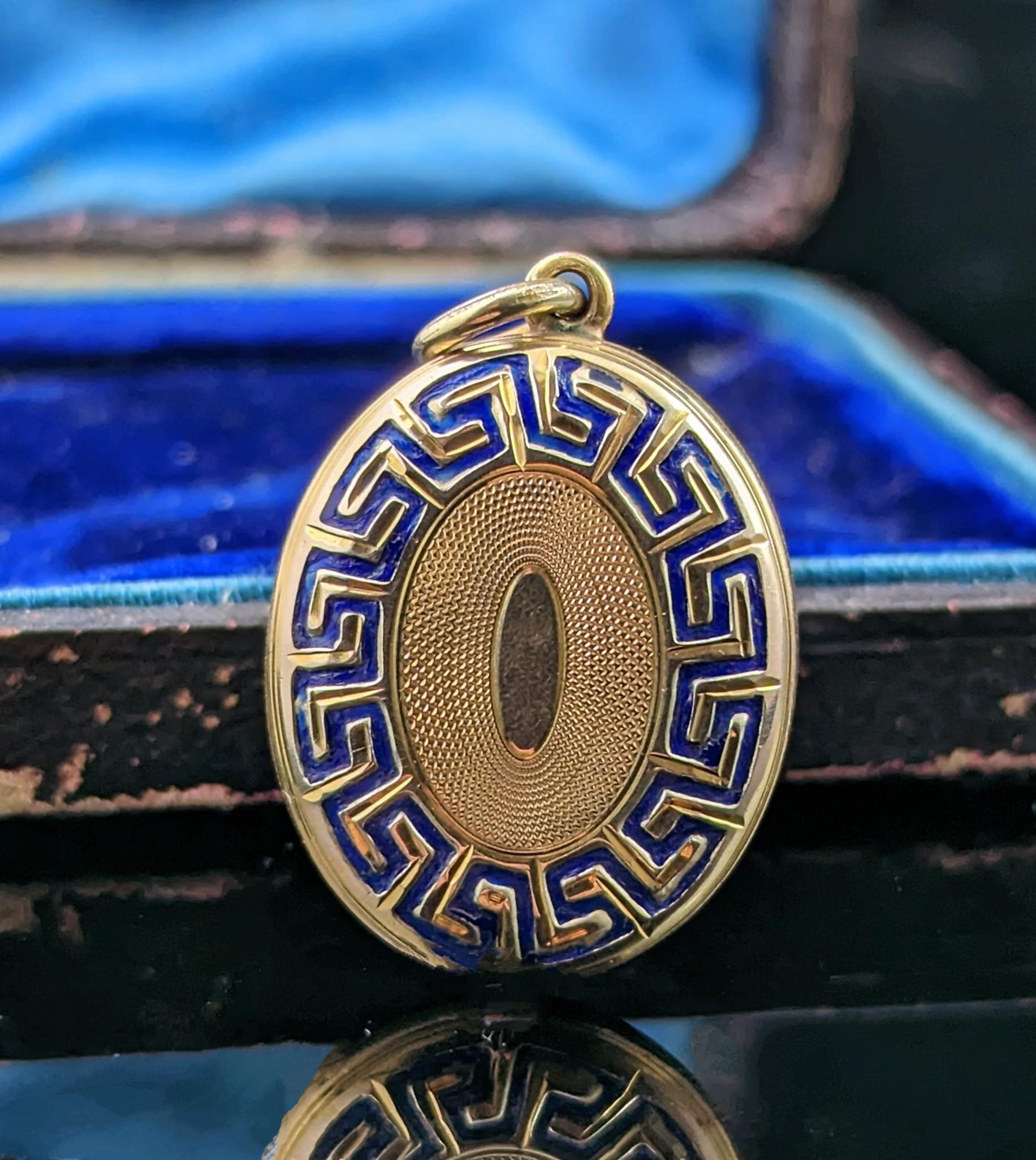 Edwardian Antique 9k gold and blue enamel mourning locket, Greek key design 