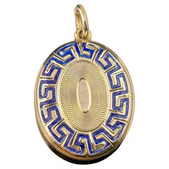 Antique 9k gold and blue enamel mourning locket, Greek key design 