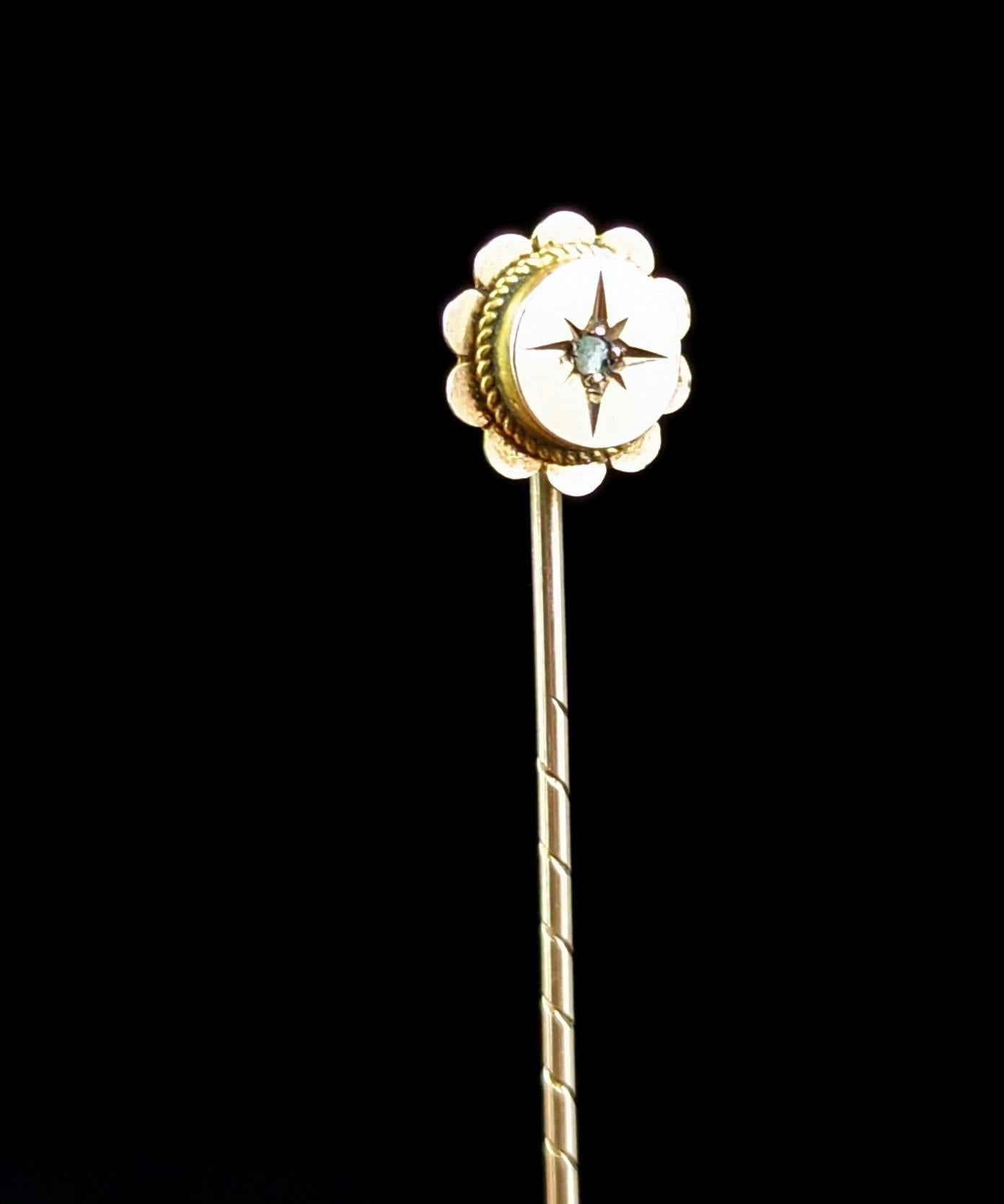 Edwardian Antique 9k gold and diamond stick pin, Gypsy set, star 