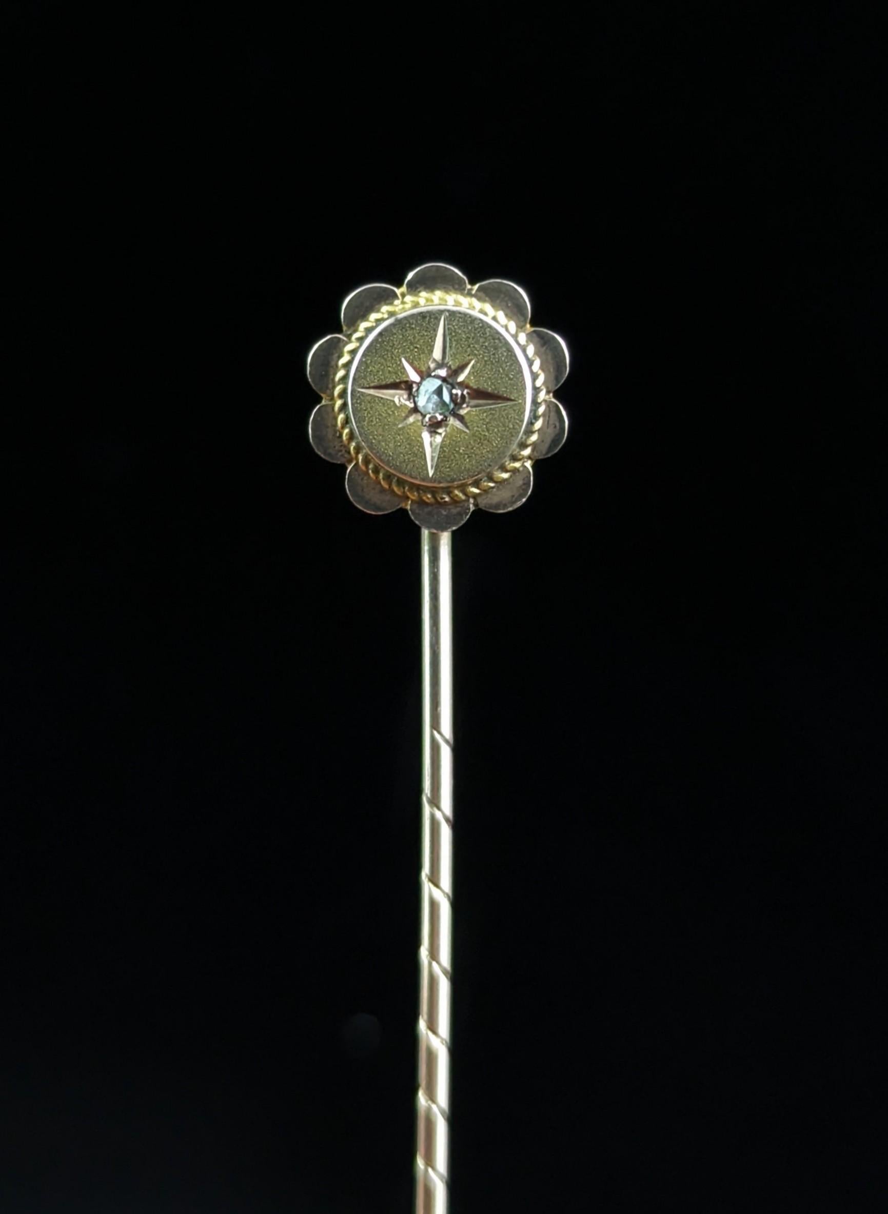 Women's or Men's Antique 9k gold and diamond stick pin, Gypsy set, star 