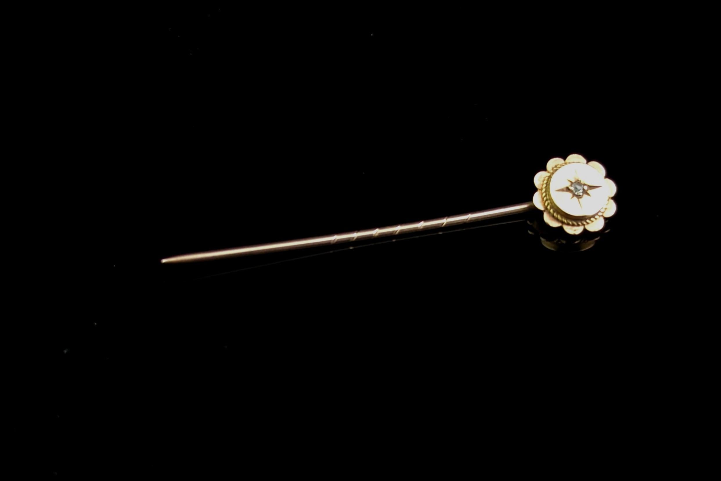 Antique 9k gold and diamond stick pin, Gypsy set, star  1