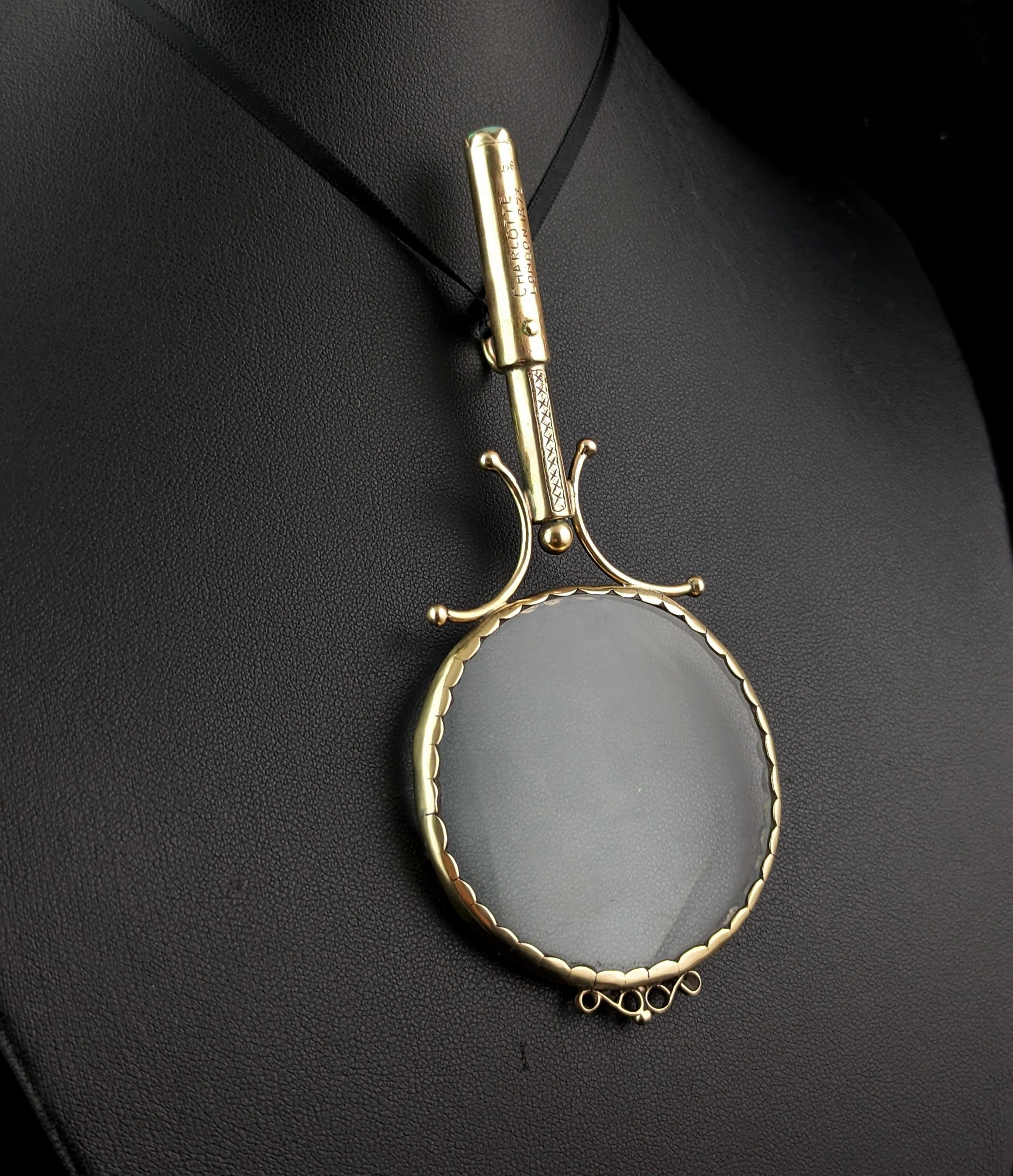 Cabochon Antique 9k gold and Opal magnifying glass pendant, Victorian  For Sale
