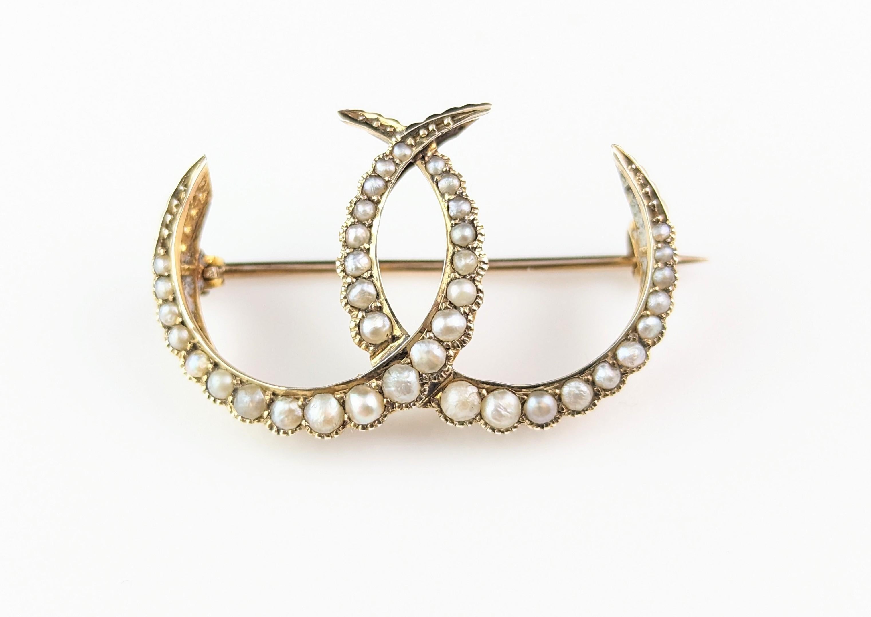 Antique 9k gold and Pearl Double Crescent Moon brooch, Murrle Bennett  For Sale 6