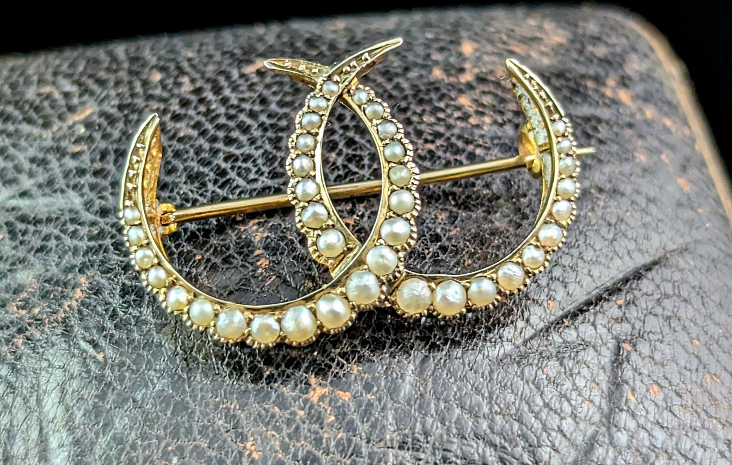 Women's or Men's Antique 9k gold and Pearl Double Crescent Moon brooch, Murrle Bennett  For Sale
