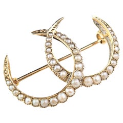 Antique 9k gold and Pearl Double Crescent Moon brooch, Murrle Bennett 