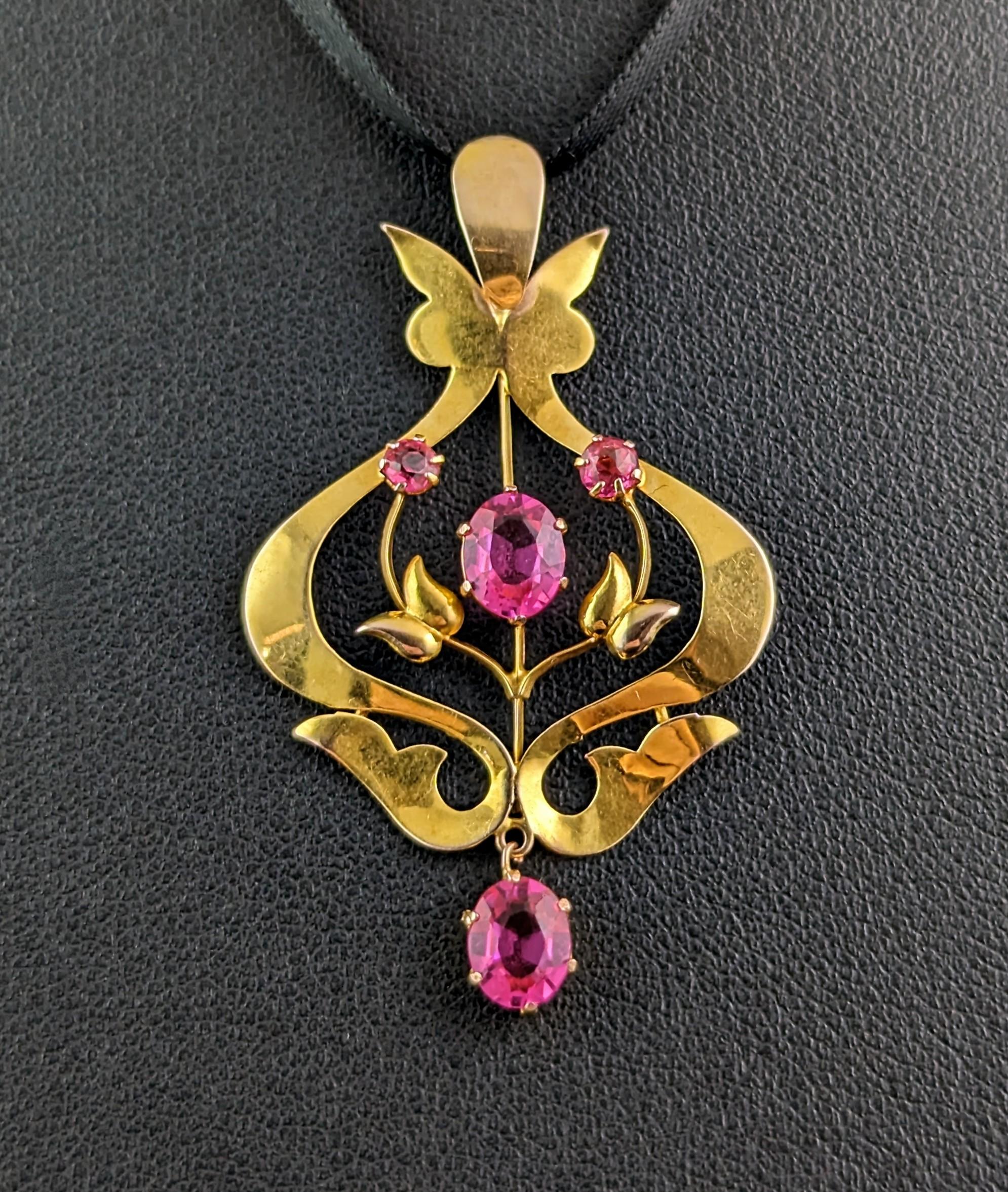 Antique 9k gold and Pink paste pendant, Art Nouveau  For Sale 7