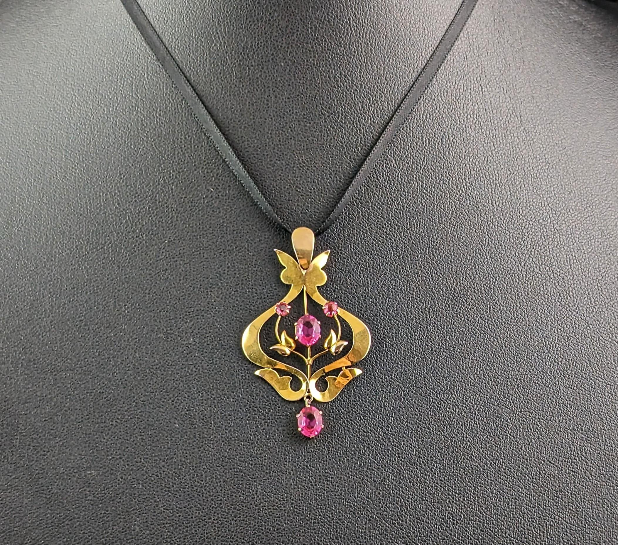 Antique 9k gold and Pink paste pendant, Art Nouveau  For Sale 8