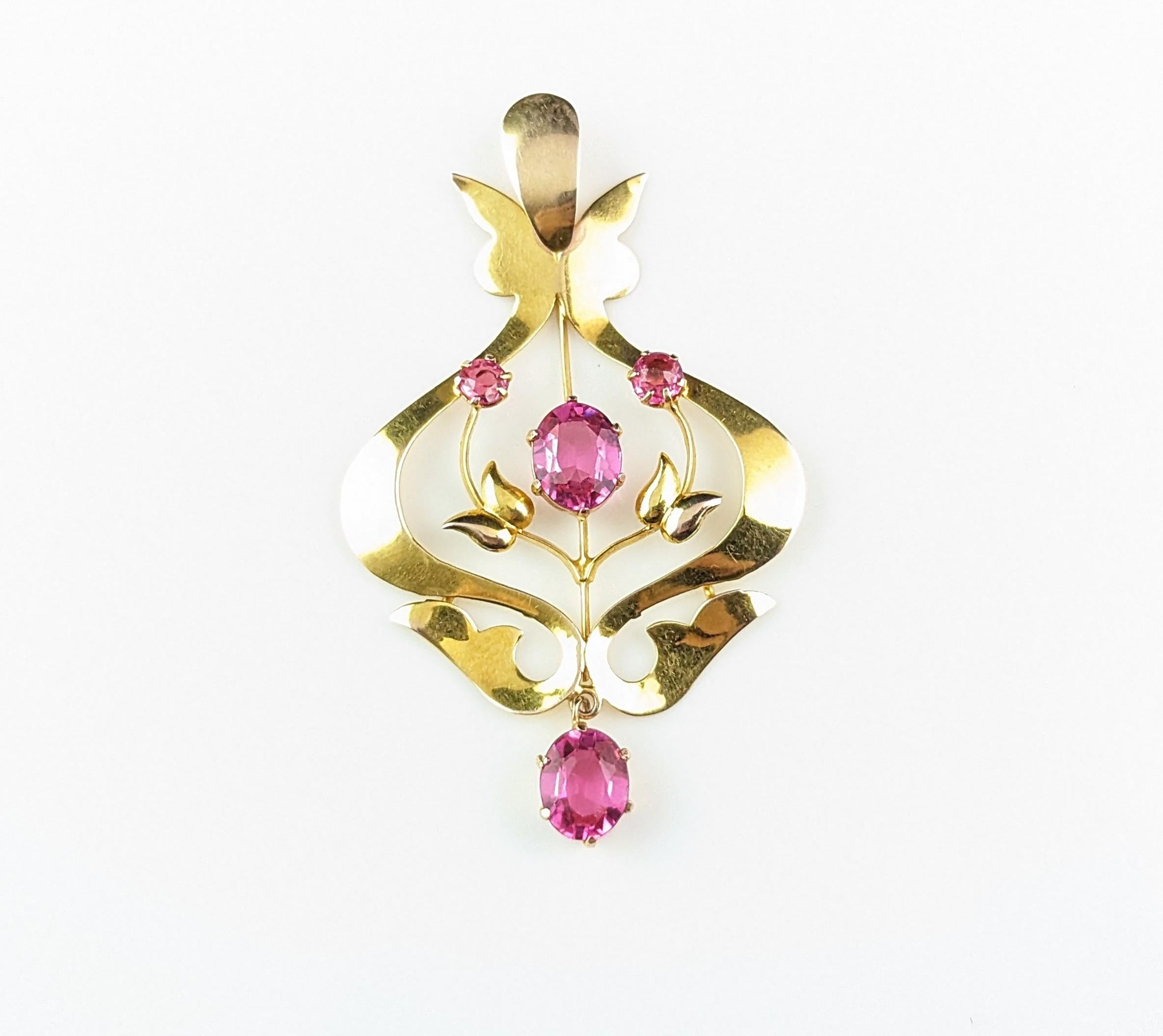 Antique 9k gold and Pink paste pendant, Art Nouveau  For Sale 10