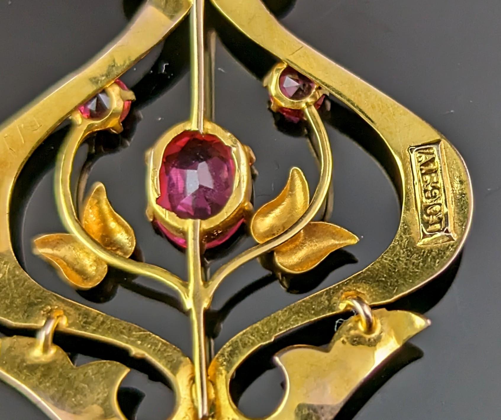 Antique 9k gold and Pink paste pendant, Art Nouveau  For Sale 1