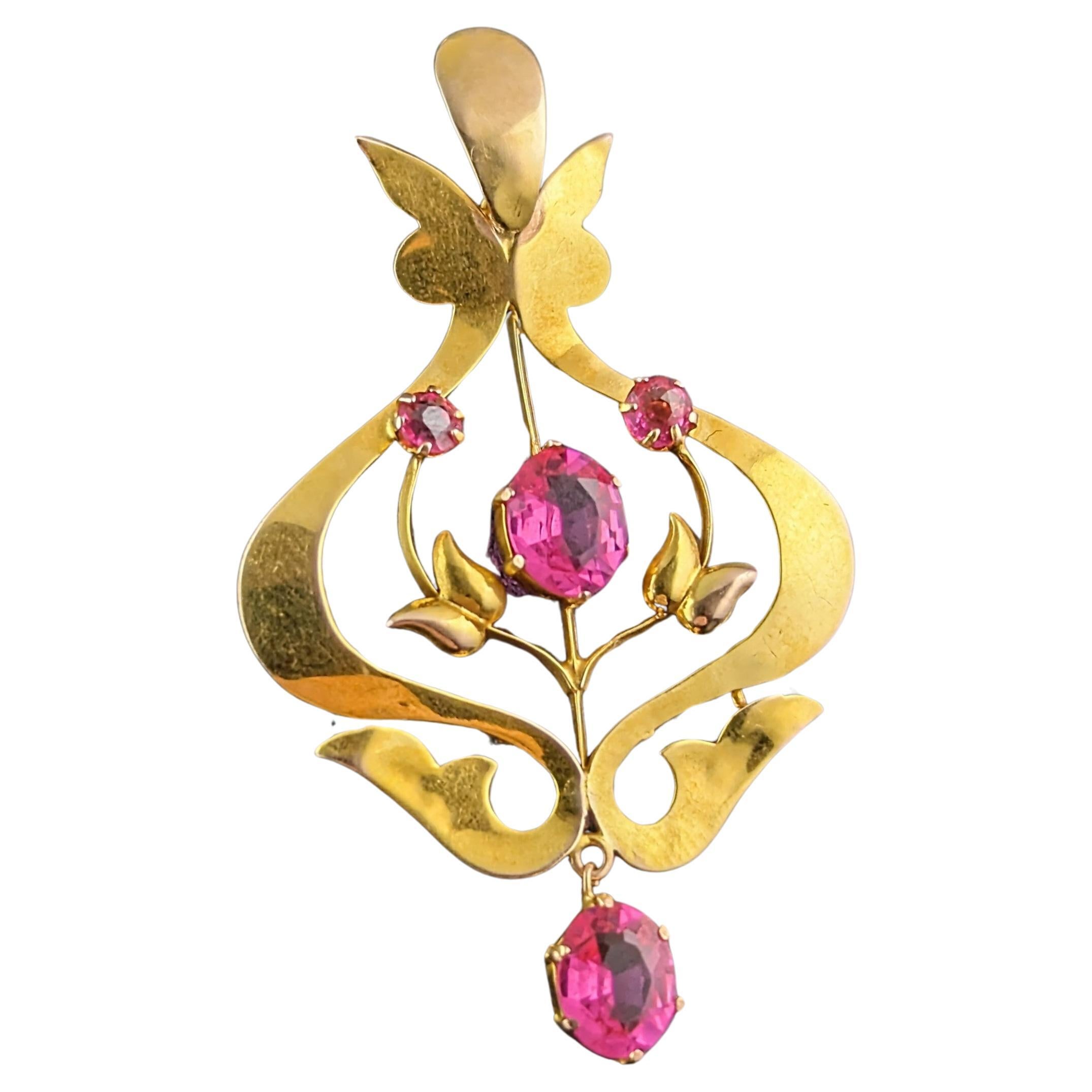 Pendentif ancien en or 9 carats et pâte rose, Art nouveau 