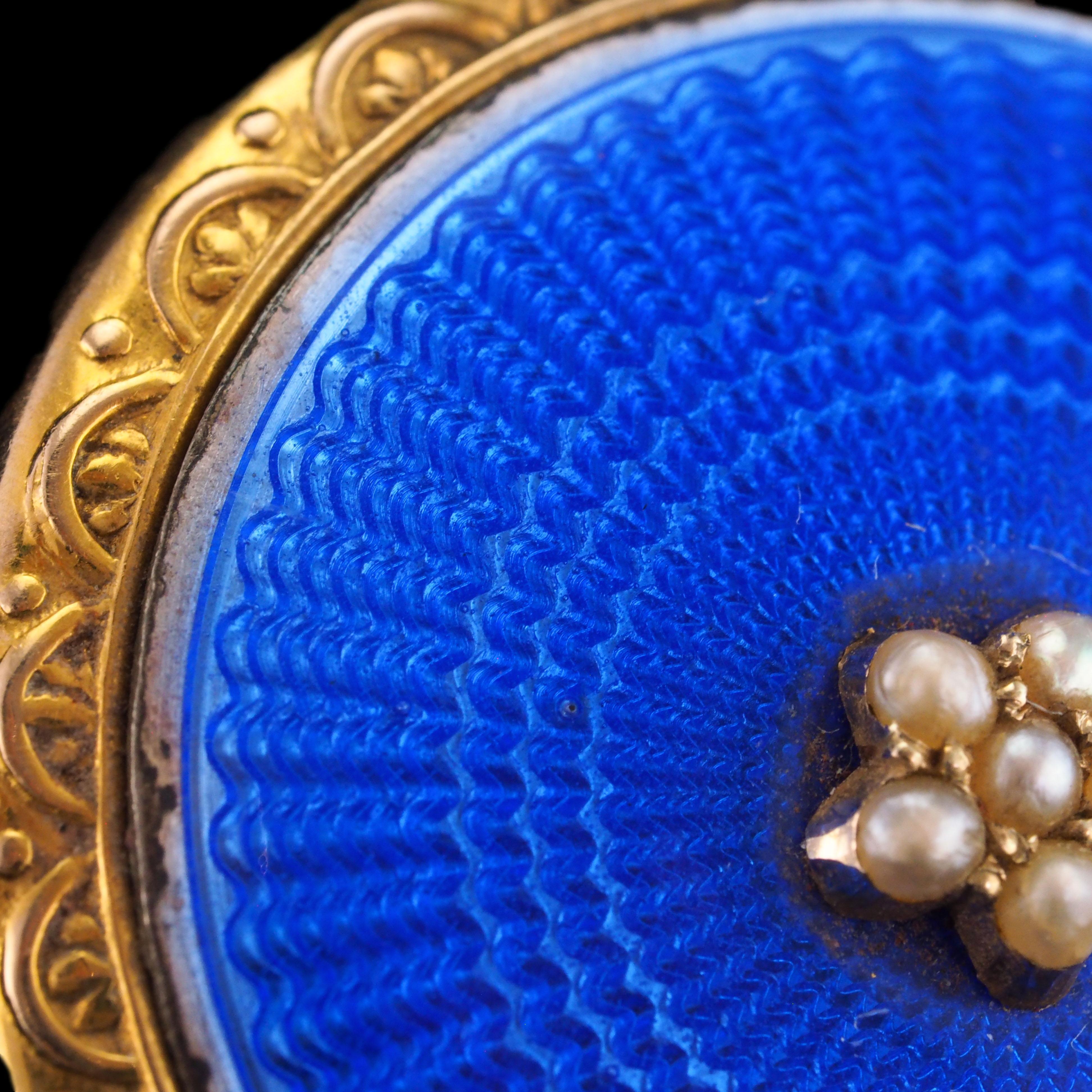 Antique 9K Gold Blue Enamel Pendant Necklace Locket with Seed Pearls c.1900 5