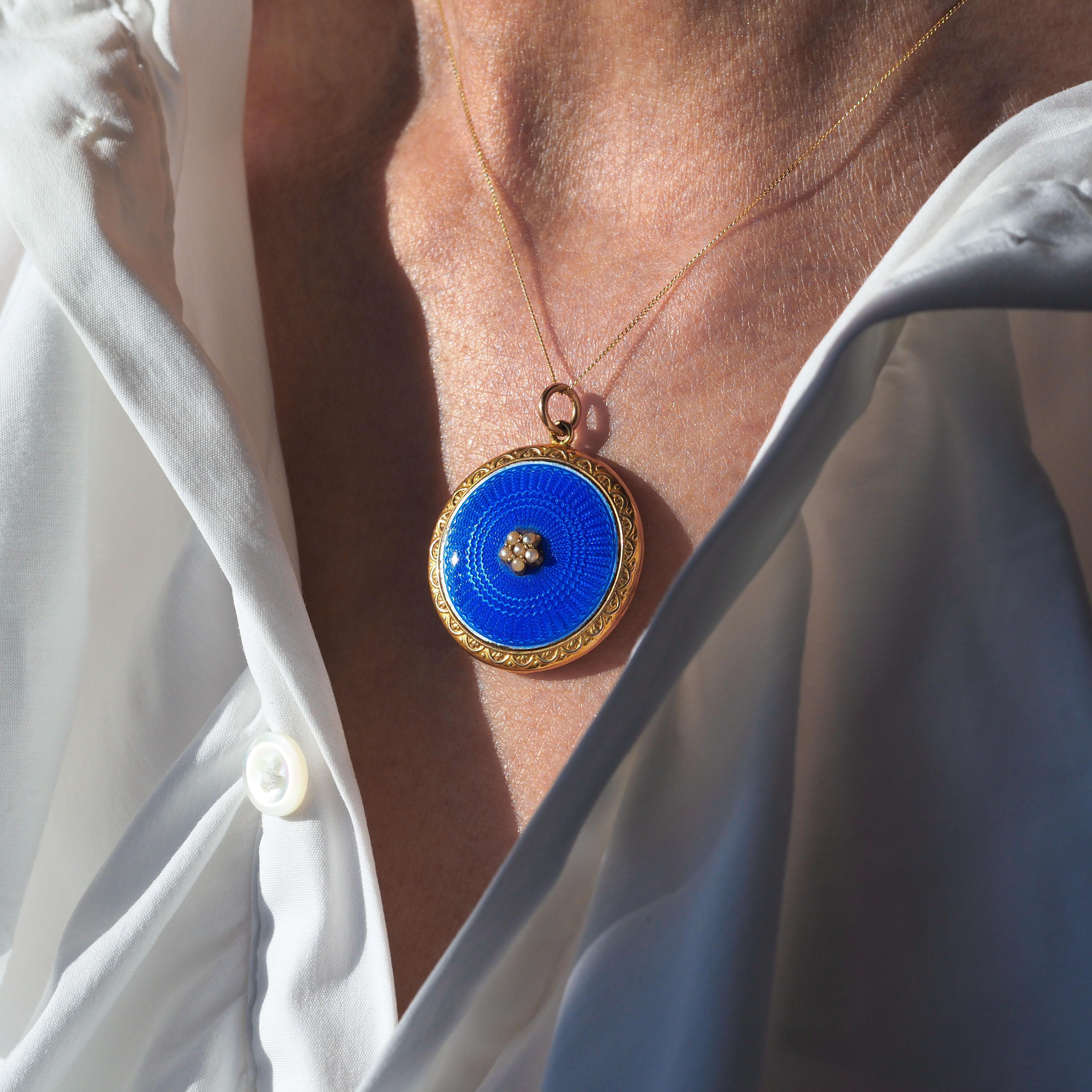 Antique 9K Gold Blue Enamel Pendant Necklace Locket with Seed Pearls c.1900 6