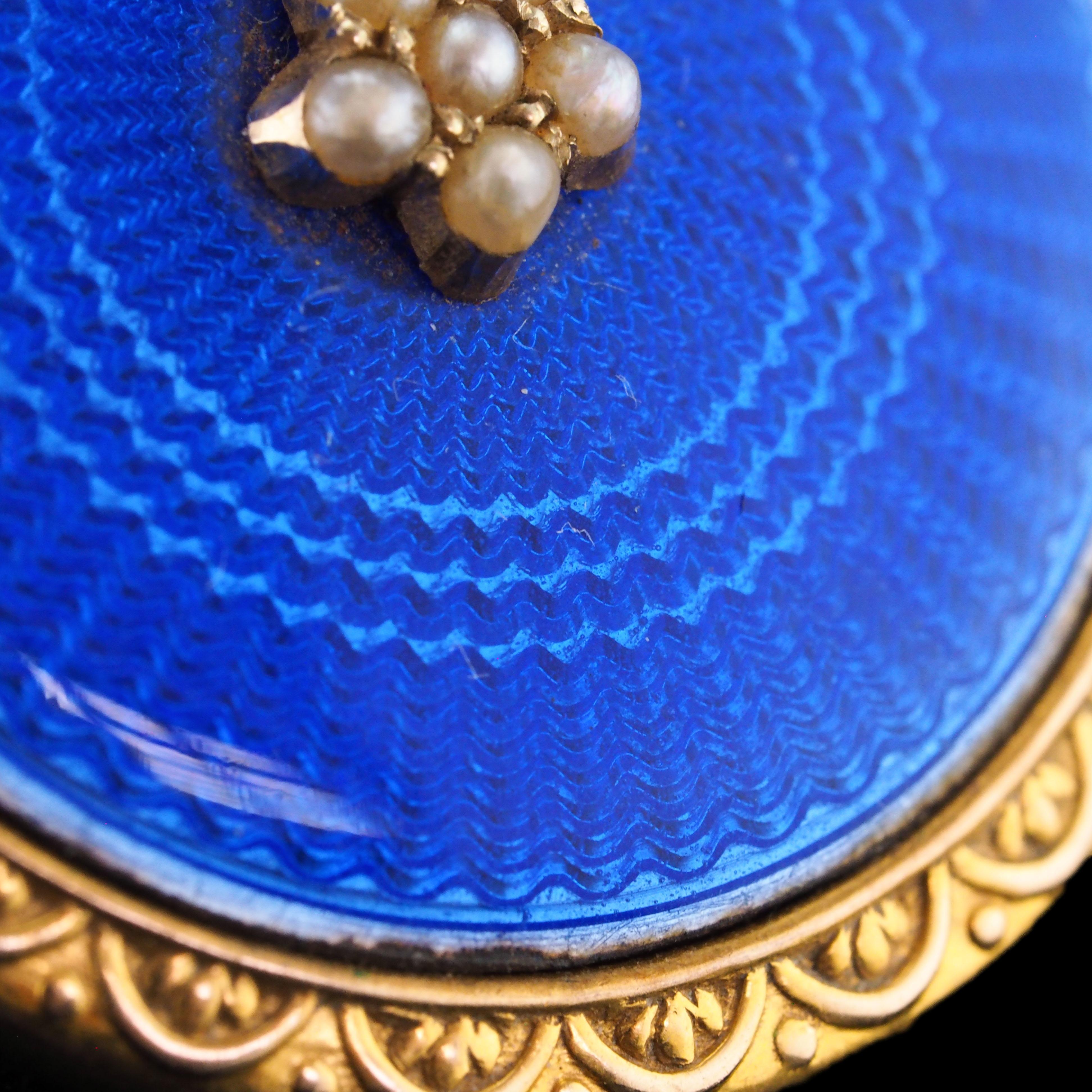 Antique 9K Gold Blue Enamel Pendant Necklace Locket with Seed Pearls c.1900 7