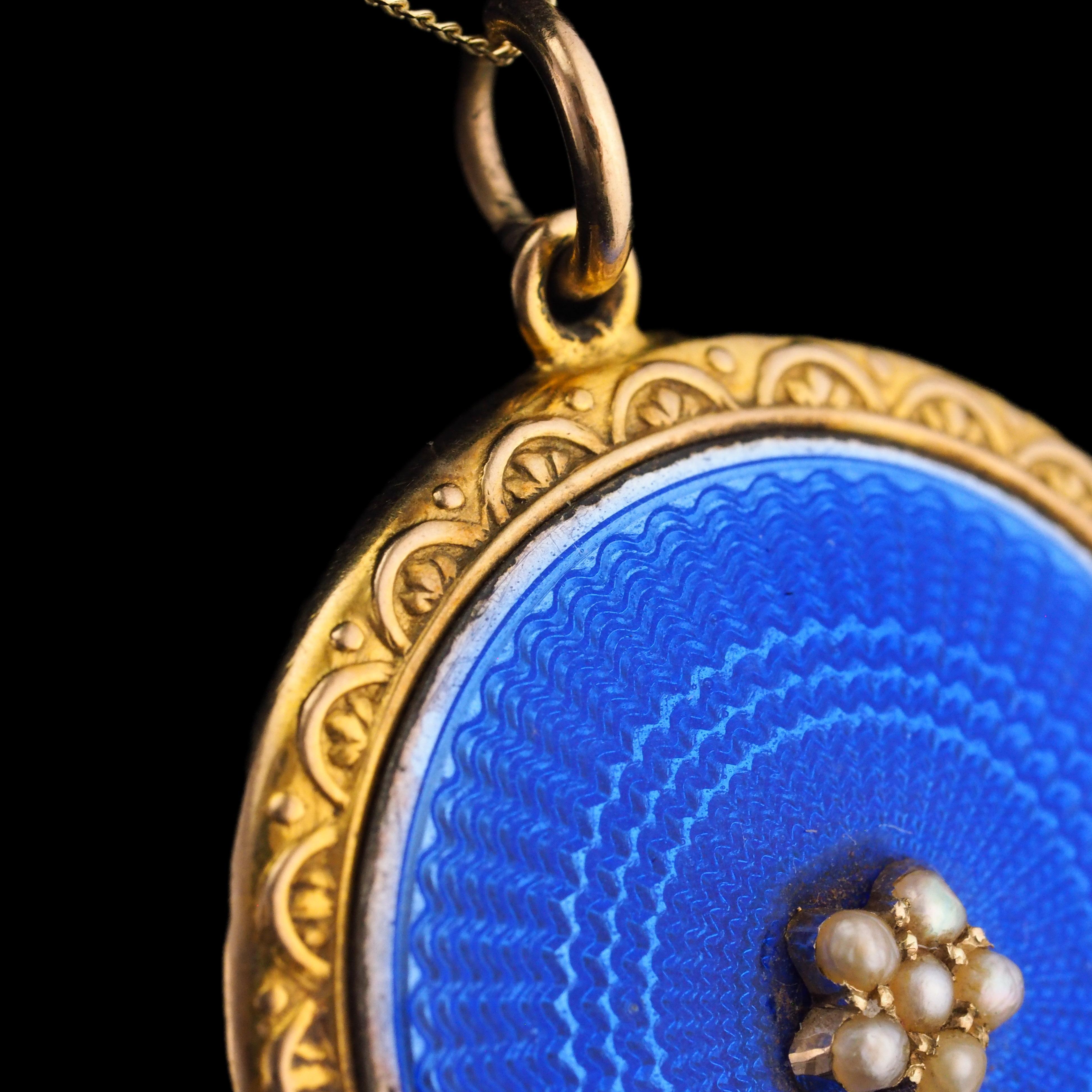 Antique 9K Gold Blue Enamel Pendant Necklace Locket with Seed Pearls c.1900 8