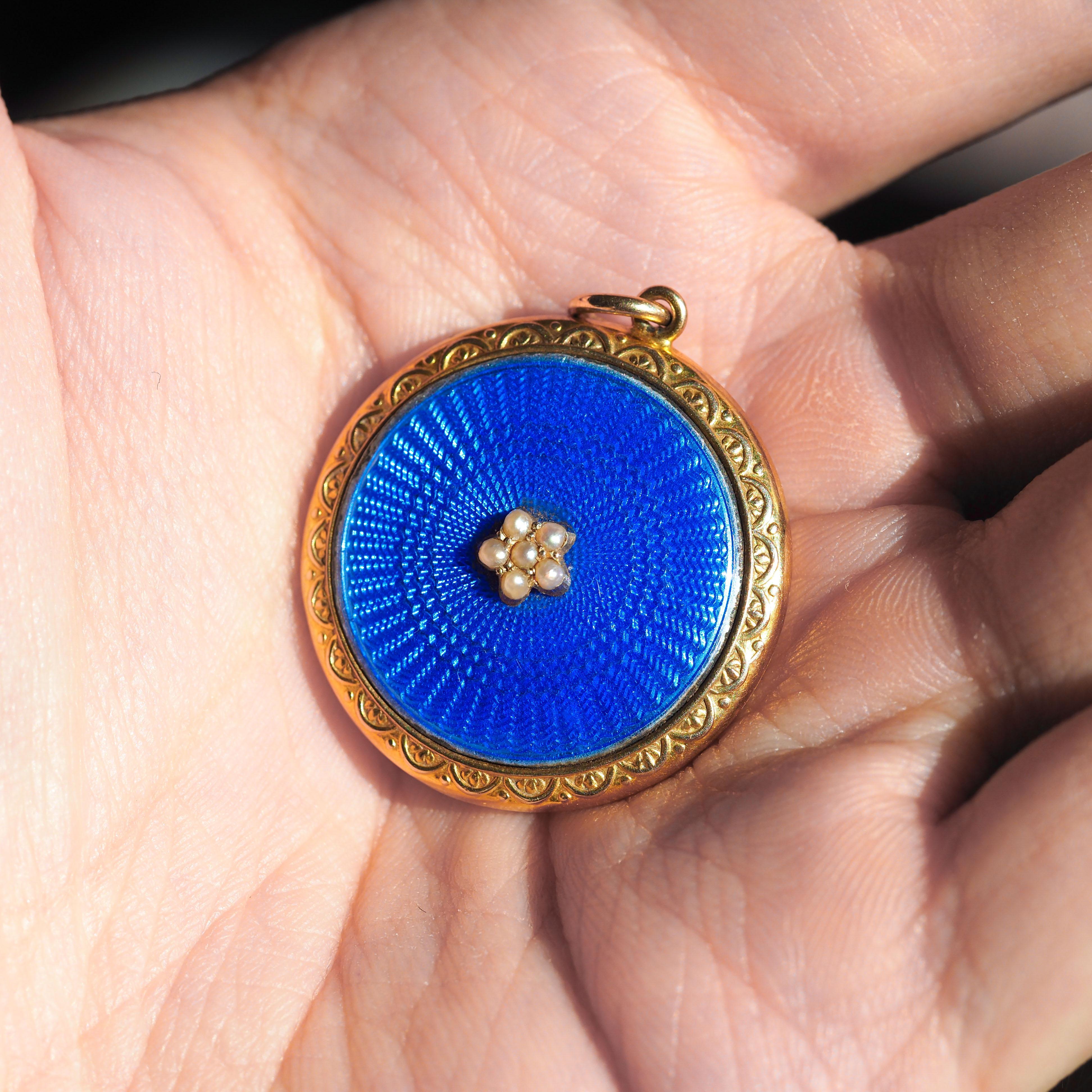 Antique 9K Gold Blue Enamel Pendant Necklace Locket with Seed Pearls c.1900 9