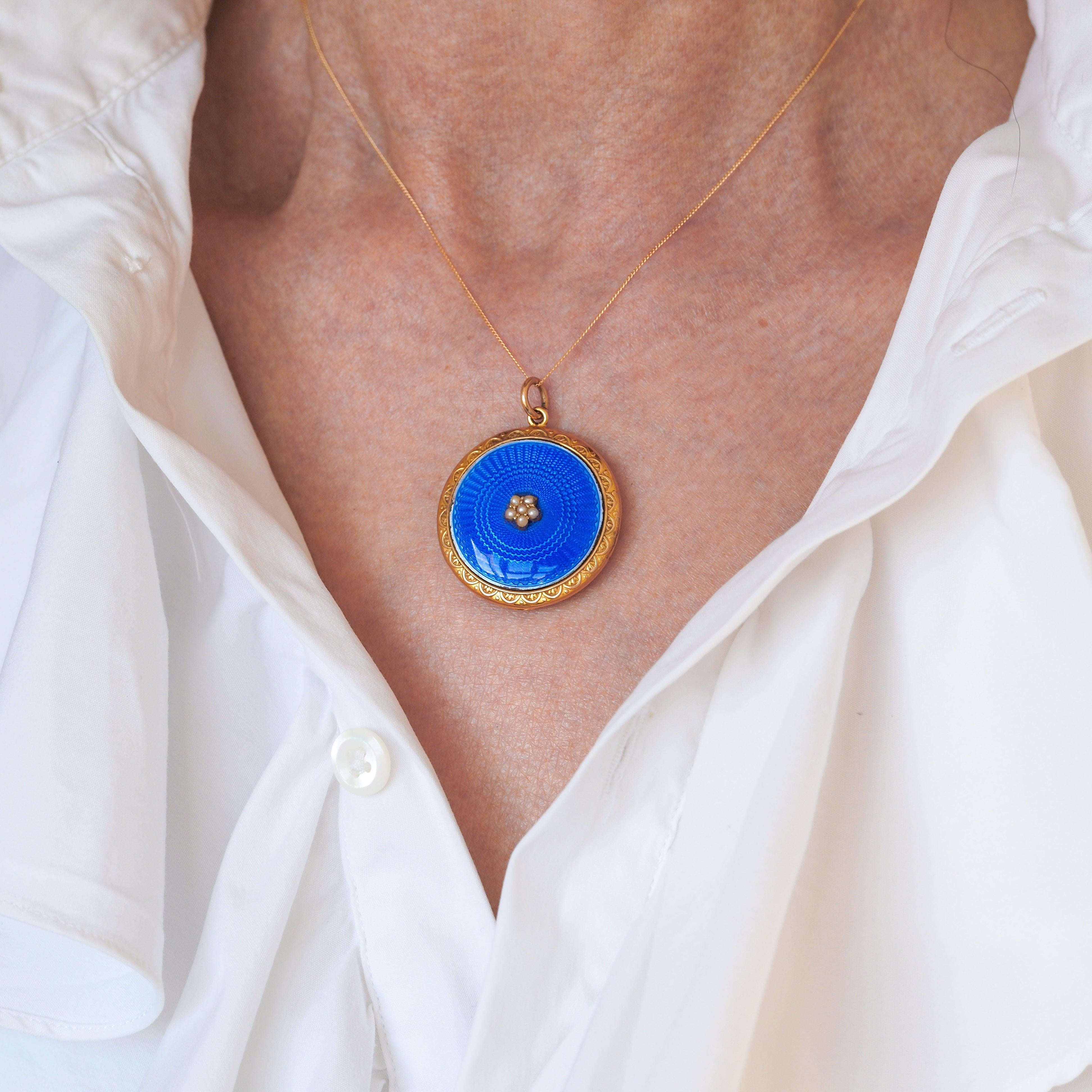 Antique 9K Gold Blue Enamel Pendant Necklace Locket with Seed Pearls c.1900 10