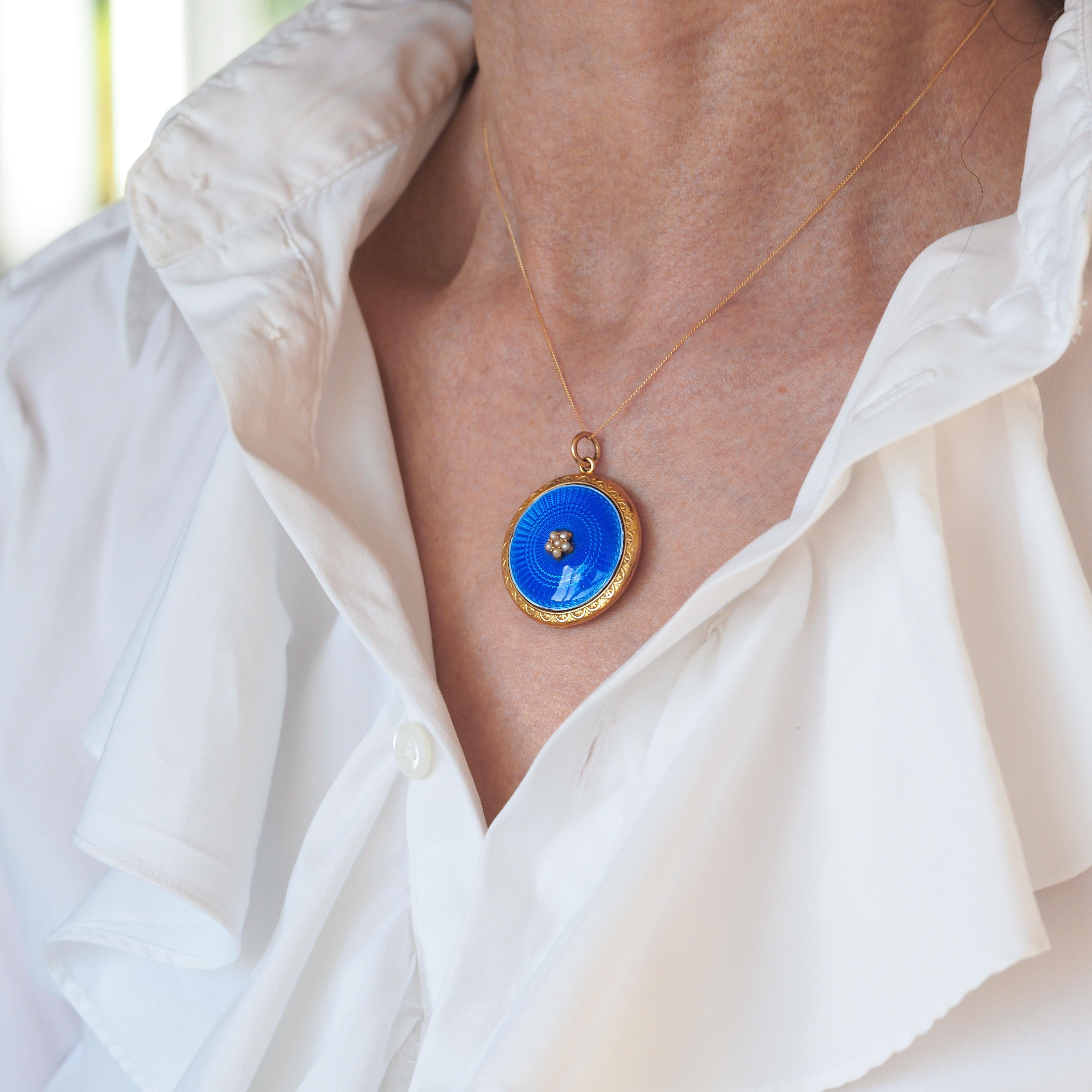 Antique 9K Gold Blue Enamel Pendant Necklace Locket with Seed Pearls c.1900 11
