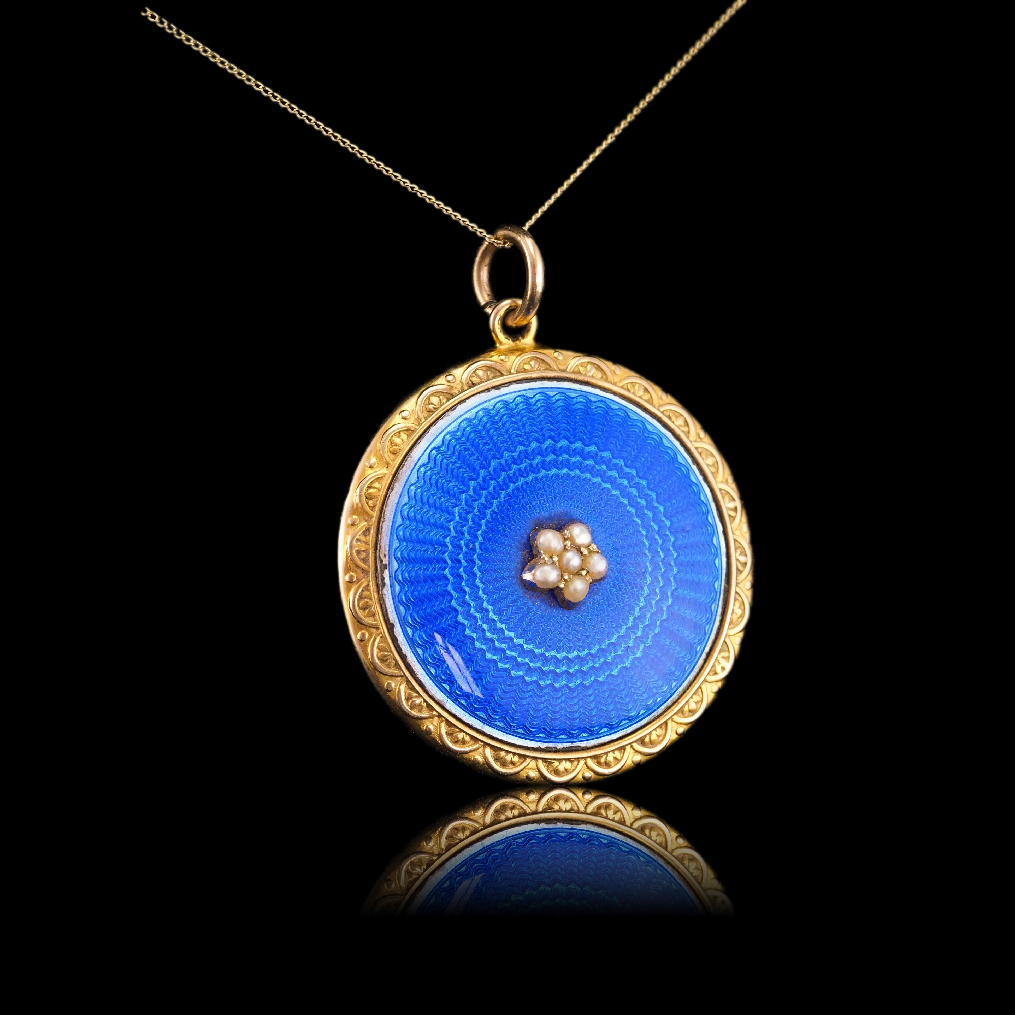 Late Victorian Antique 9K Gold Blue Enamel Pendant Necklace Locket with Seed Pearls c.1900